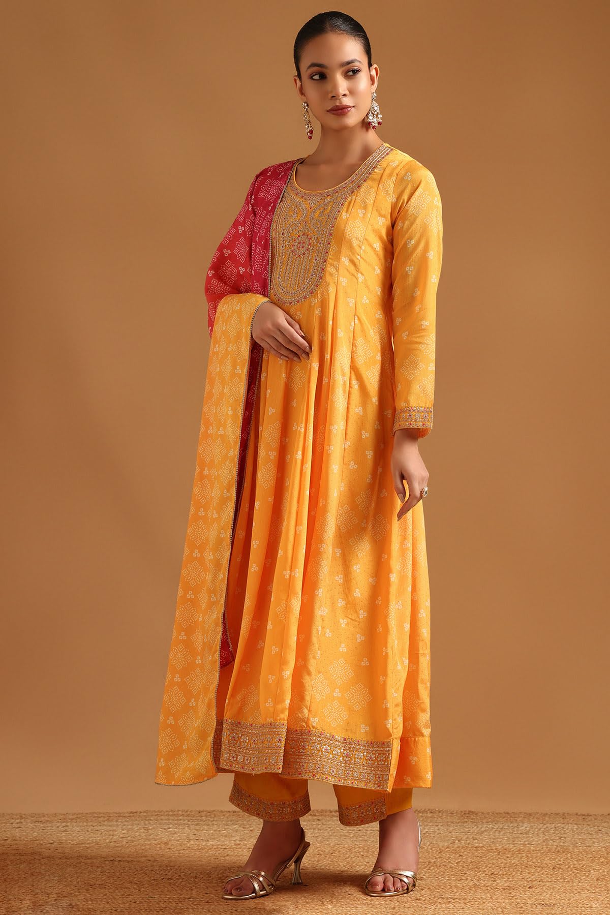 Soch Womens Mustard Chinon Bandhani Salwar Suit With Sequence Work
