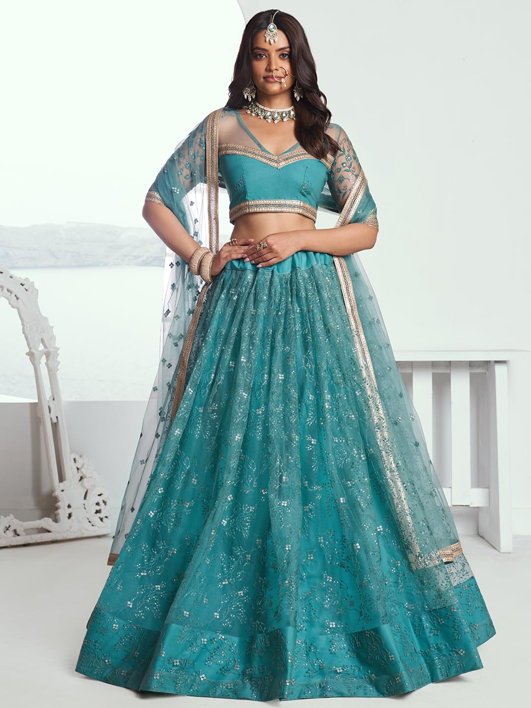 Zeel Clothing Women's Cotton Thread Sequins Work Embroidery Soft Net Readymade Lehenga Choli Set With Dupatta (Nfh-2201-Rama-Green-Women-Lehenga-Choli-Latest; Free Size)