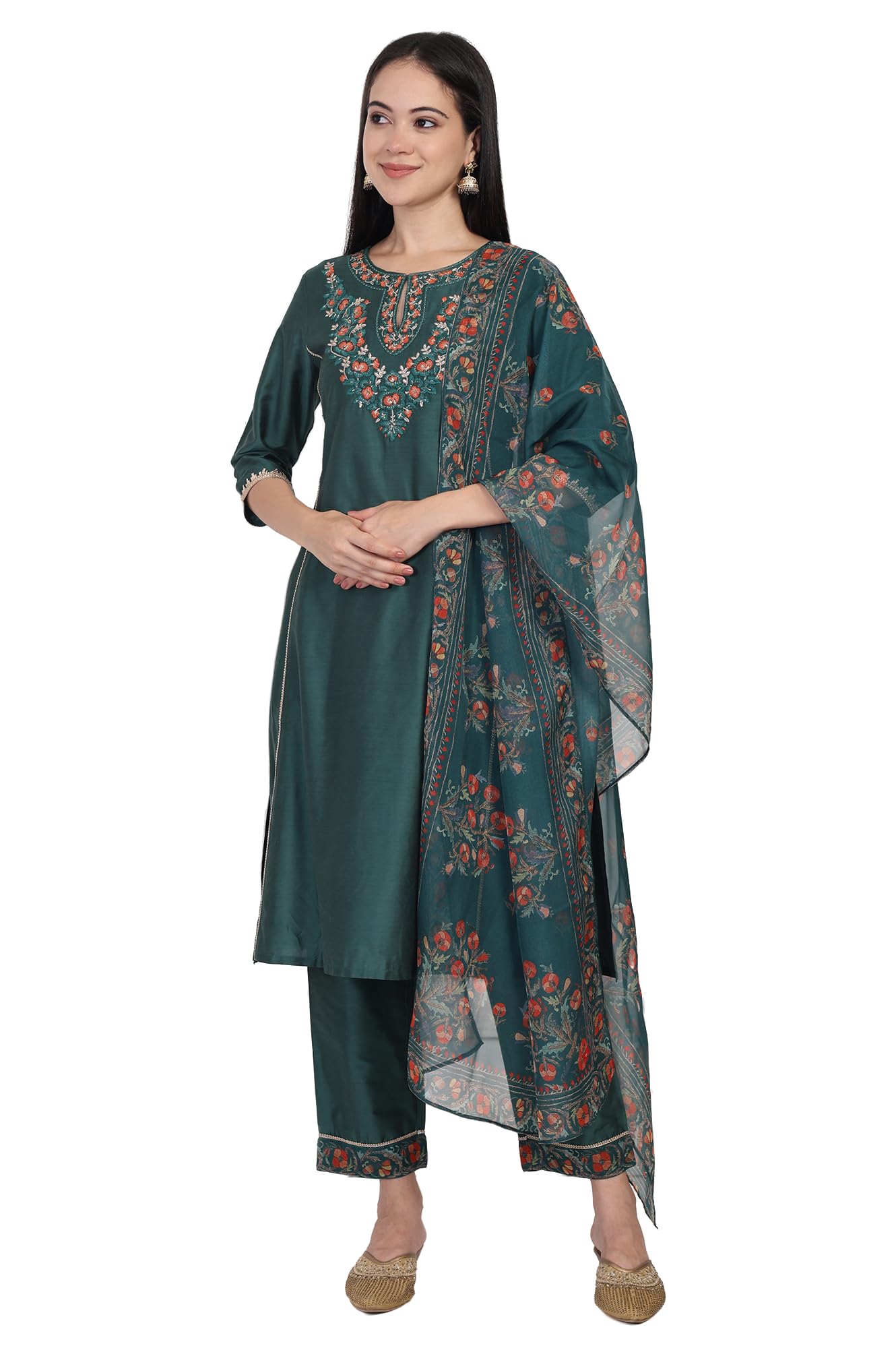 W for Woman Green Embroidered Floral Zari Work A-Line Silk Blend Kurta with Straight Pant and Dupatta Set (WS13284-224373-3XL)