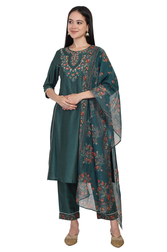 W for Woman Green Embroidered Floral Zari Work A-Line Silk Blend Kurta with Straight Pant and Dupatta Set (WS13284-224373-3XL)