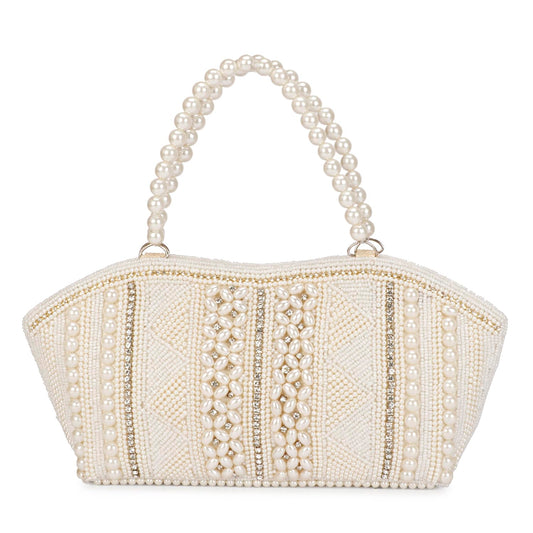 LONGING TO BUY Women Pearl Tote Clutch For Wedding & Eangement (White)