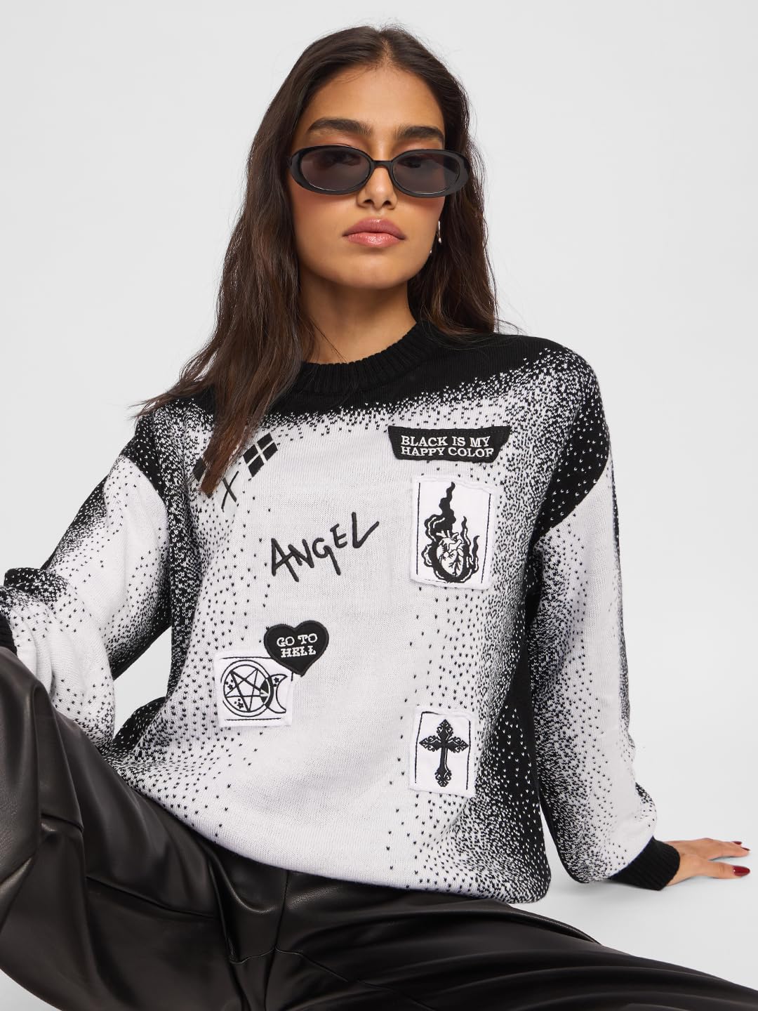 The Souled Store Knitted Sweater: Fallen Angel Women and Girls Oversized Sweater White