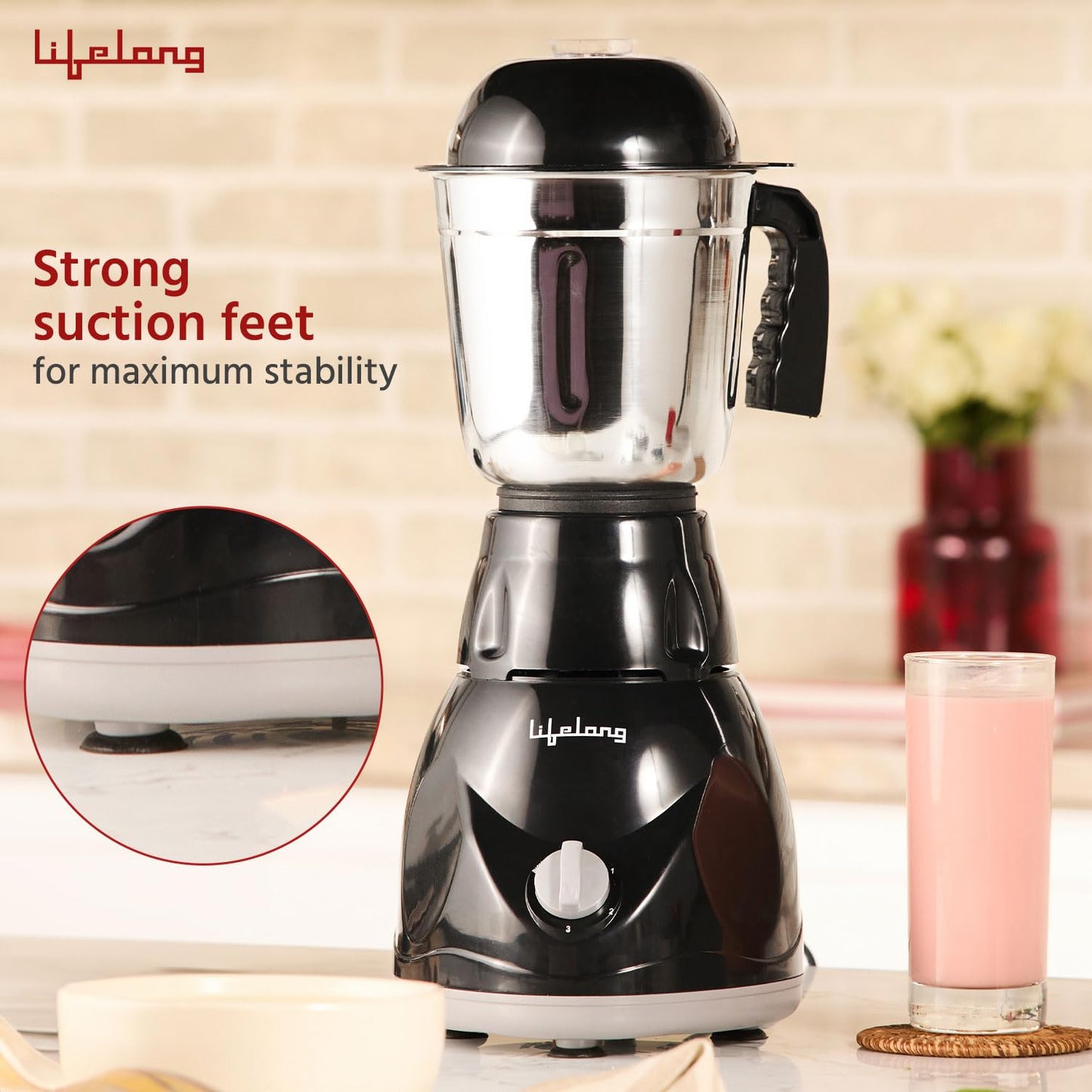 Lifelong LLMG23 Power Pro 500-Watt Mixer Grinder with 3 Jars (Liquidizing, Wet Grinding and Chutney Jar), Stainless Steel blades, 1 Year Warranty (Black)