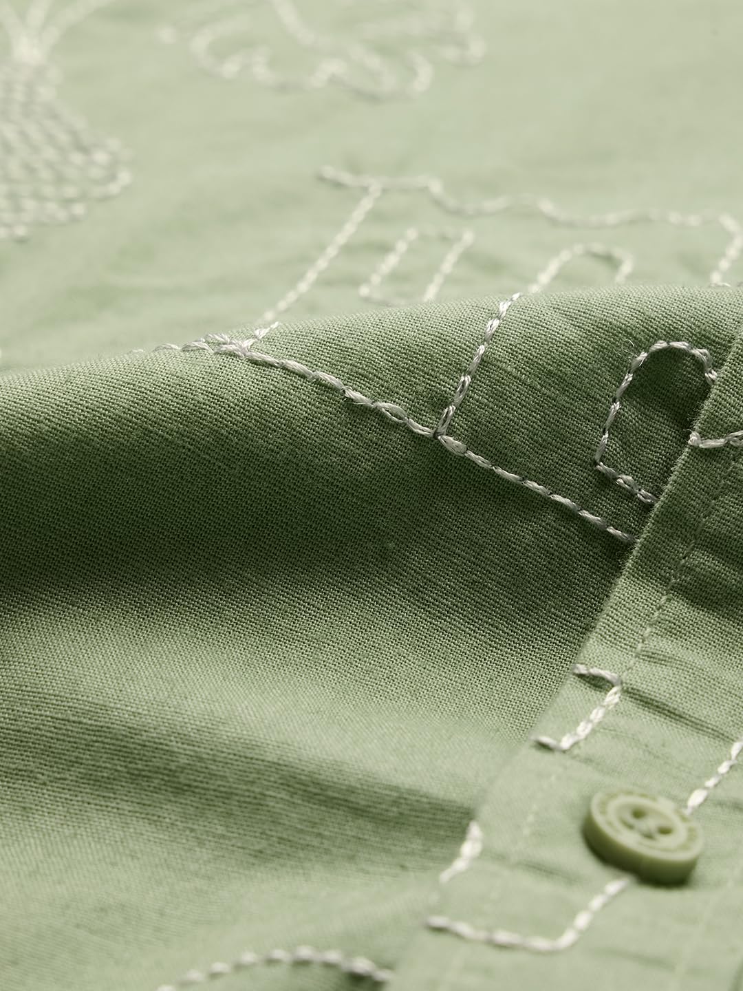 The Souled Store Summer Vibe Men and Boys Long Sleeves Collared Neck Button Front Green Embroidered Regular Fit Cotton Linen Shirts