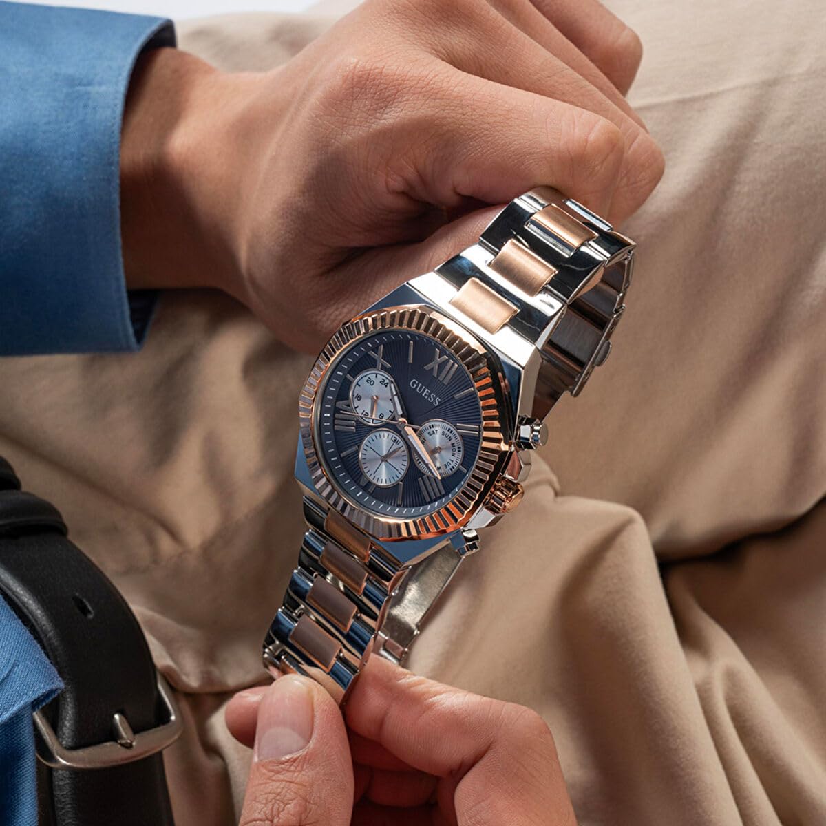 GUESS Stainless Steel Analog Navy Blue Dial Men's Watch-Gw0703G4, Band Color-Two-Tone