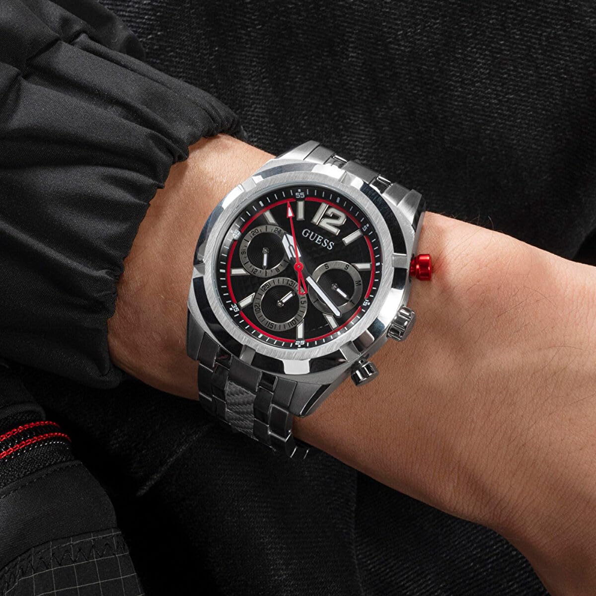 GUESS Stainless Steel Men Black Round Dial Analogue Watch- Gw0714G1, Band Color-Silver