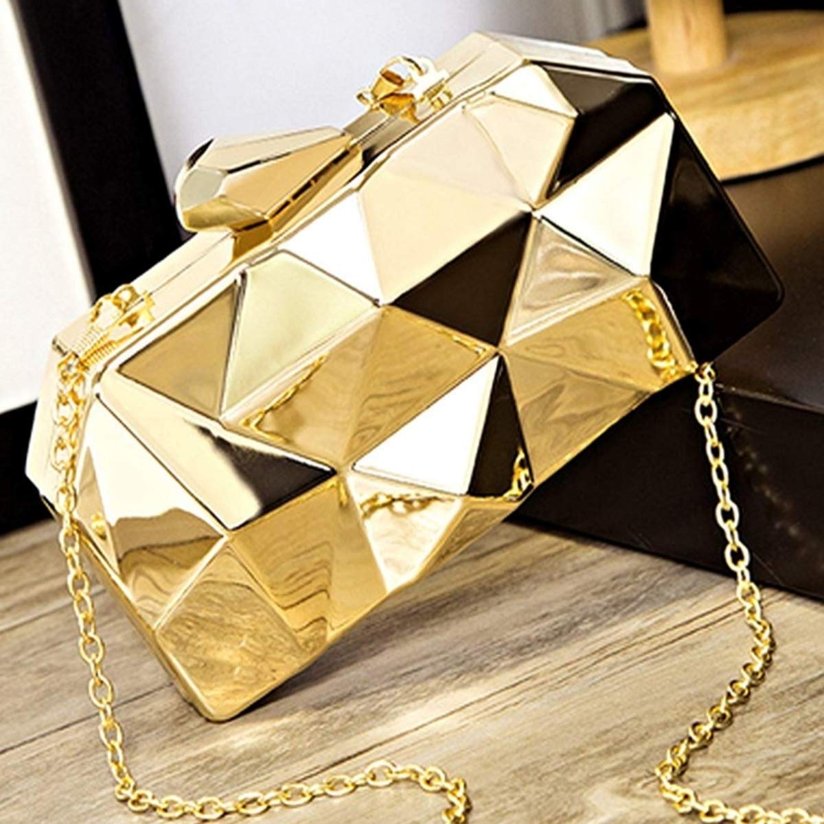 Toobacraft Women Handicraft Beautiful Metallic Acrylic Box Clutch Bag Purse For Bridal, Casual, Party, Wedding (Both Sides Exactly Same) (Gold).