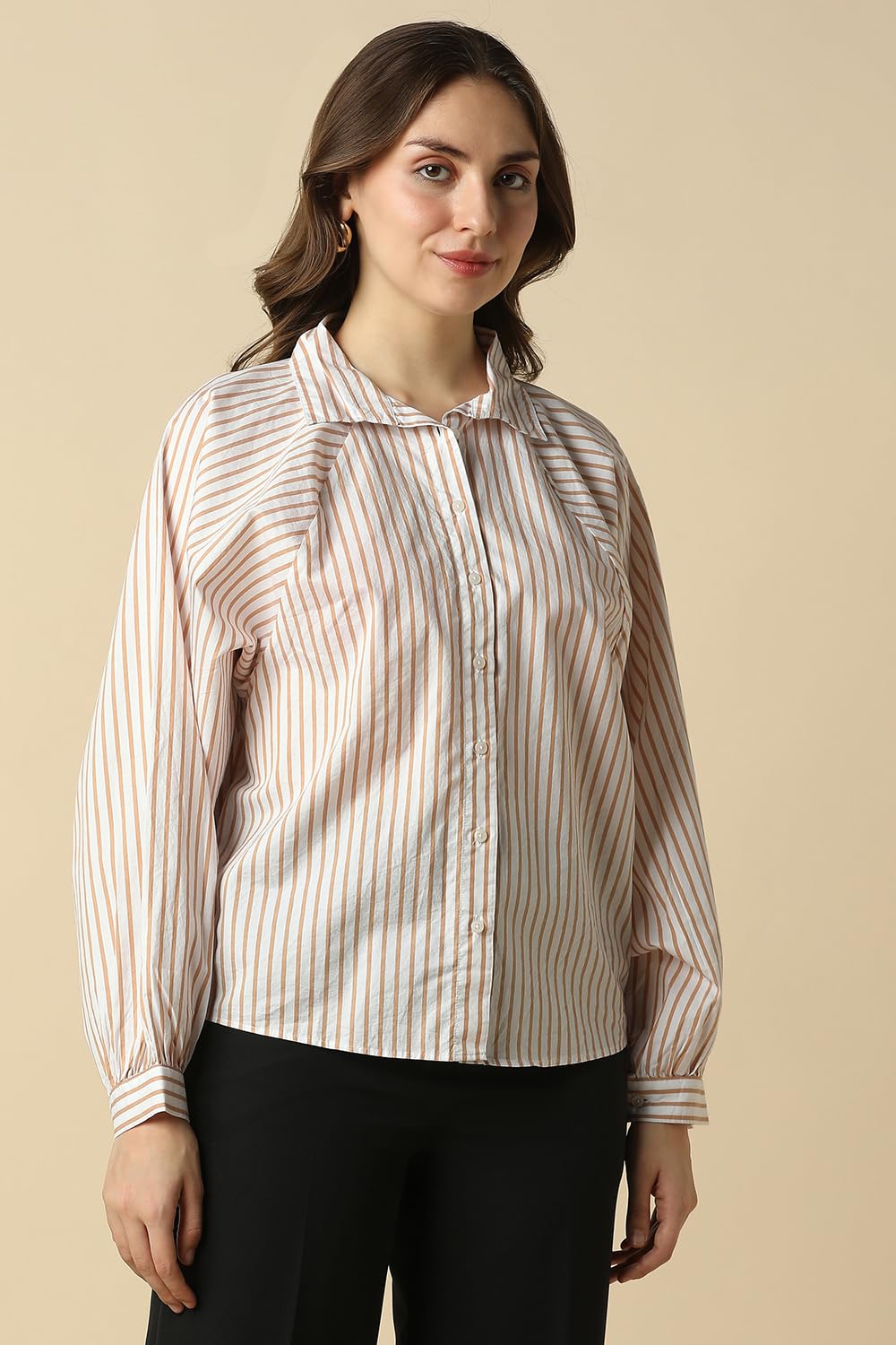Women Beige Stripe Long Sleeves Shirt