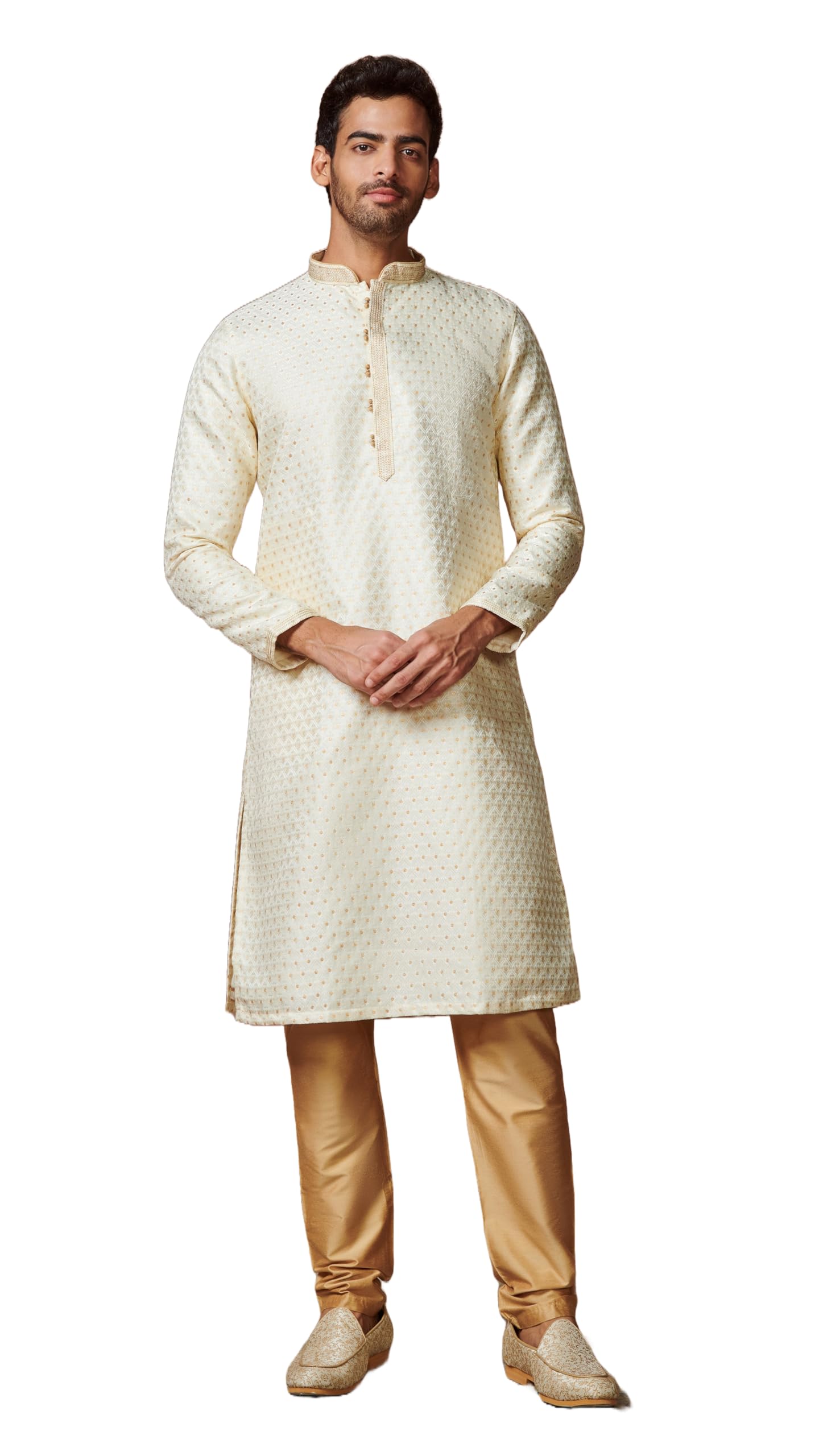 Manyavar Men's Biscuit Jacquard Kurta Set (Beige,XL)