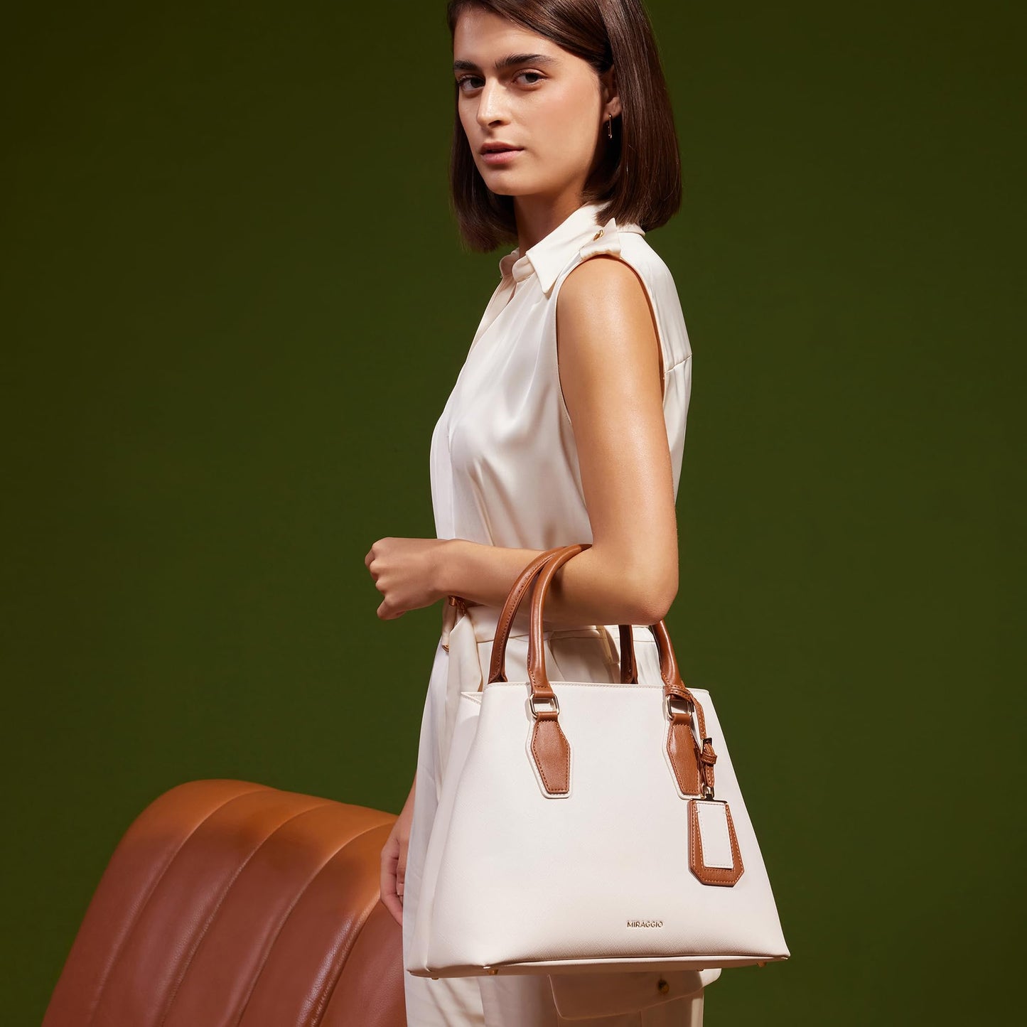 Miraggio Olivia Solid Handbag for Women with Adjustable & Detachable Sling/Crossbody Strap (Ivory)