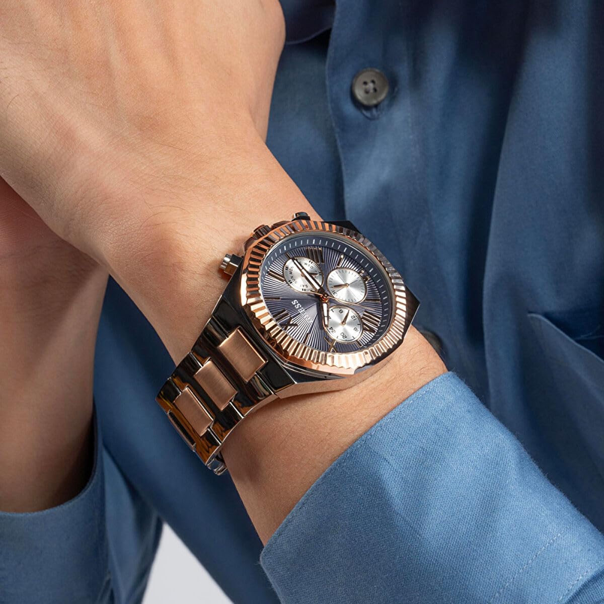 GUESS Stainless Steel Analog Navy Blue Dial Men's Watch-Gw0703G4, Band Color-Two-Tone