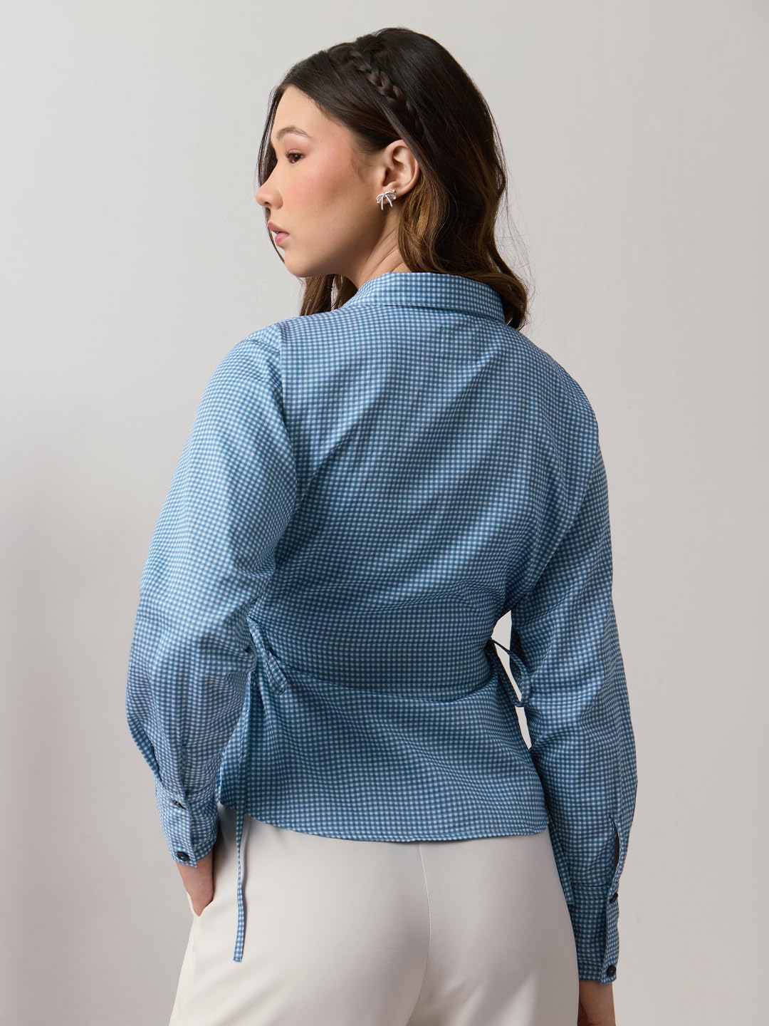 The Souled Store Plaid Shirt: Bluebell Women and Girls Full Length Sleeves Spread Collar Blue Gingham Embroidered Cotton Regular Fit Lightweight Side Tie-Up Everyday Casual Shirt