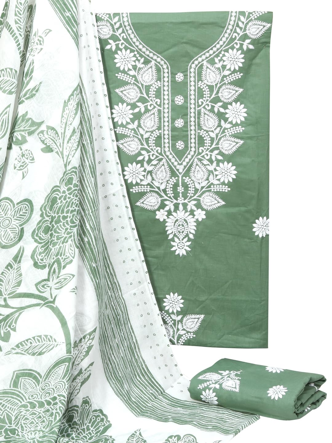 S SALWAR STUDIO Cotton Embroidered Green Unstitched Dress Material