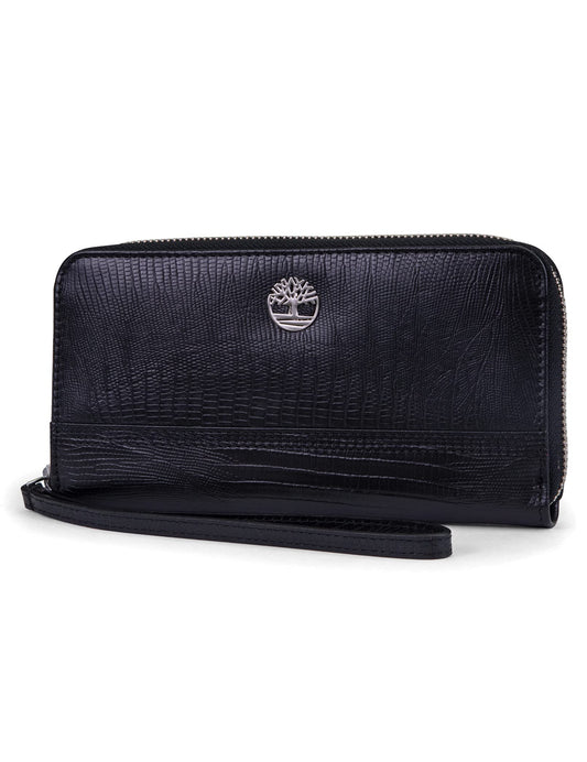 Timberland womens Leather RFID Zip Around Wallet Clutch With Wristlet Strap, Black (Lizard),One Size