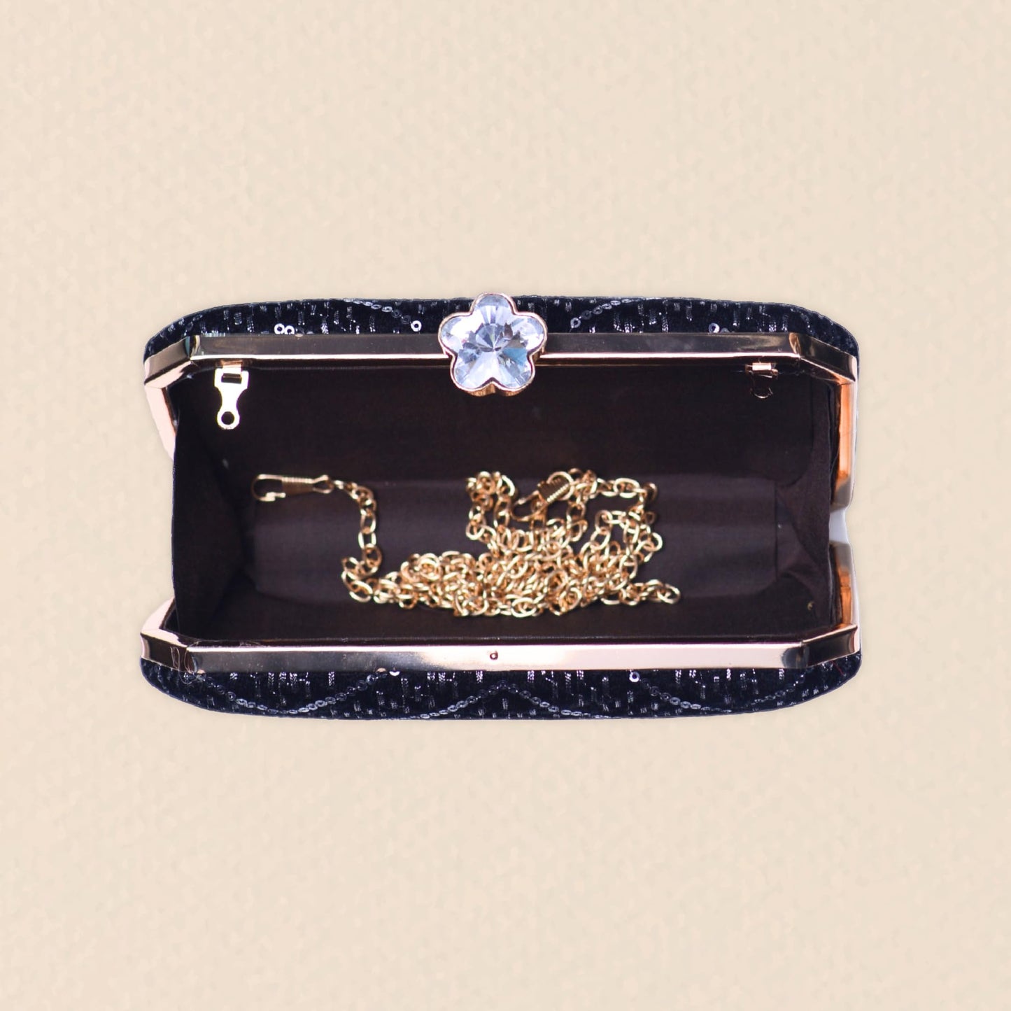 Artklim Black Based Sequins Embroidery Fabric Clutch Bag For Women With Detachable Chain