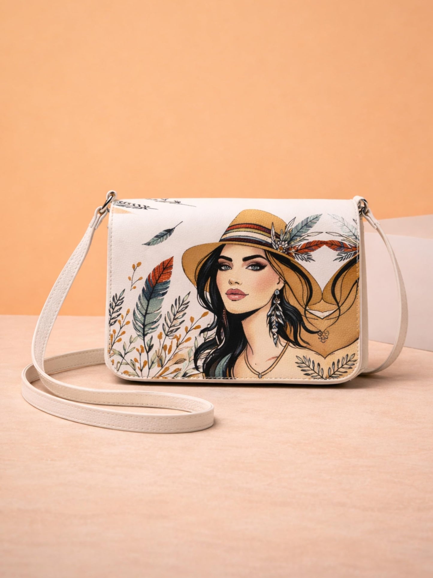 ITALISH Floral Art Print Crossbody Bag Leather Sling Bag with Magnetic Closure (White)