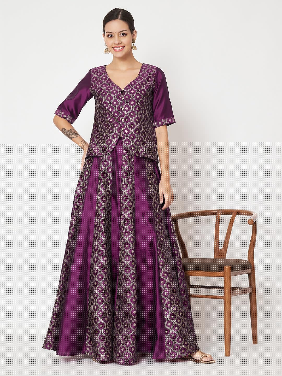 studio rasa Women's Silk Blend Block Printed Kalidaar Skirt for Wedding Festive Party (SKTC52401M_Purple_Medium)