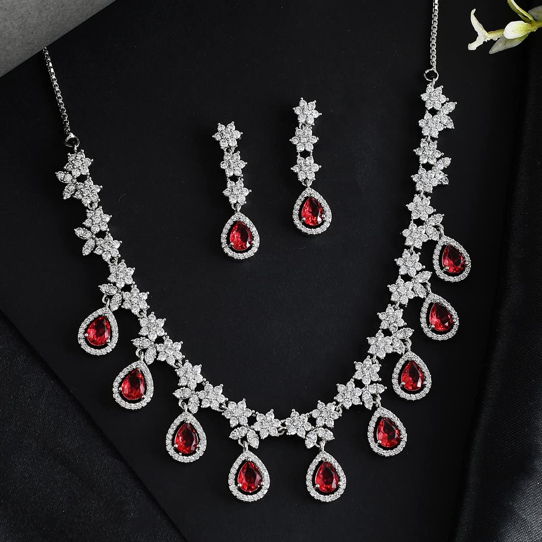 VOYLLA Cz Elegance Red Teardrop Silver Plated Necklace Set