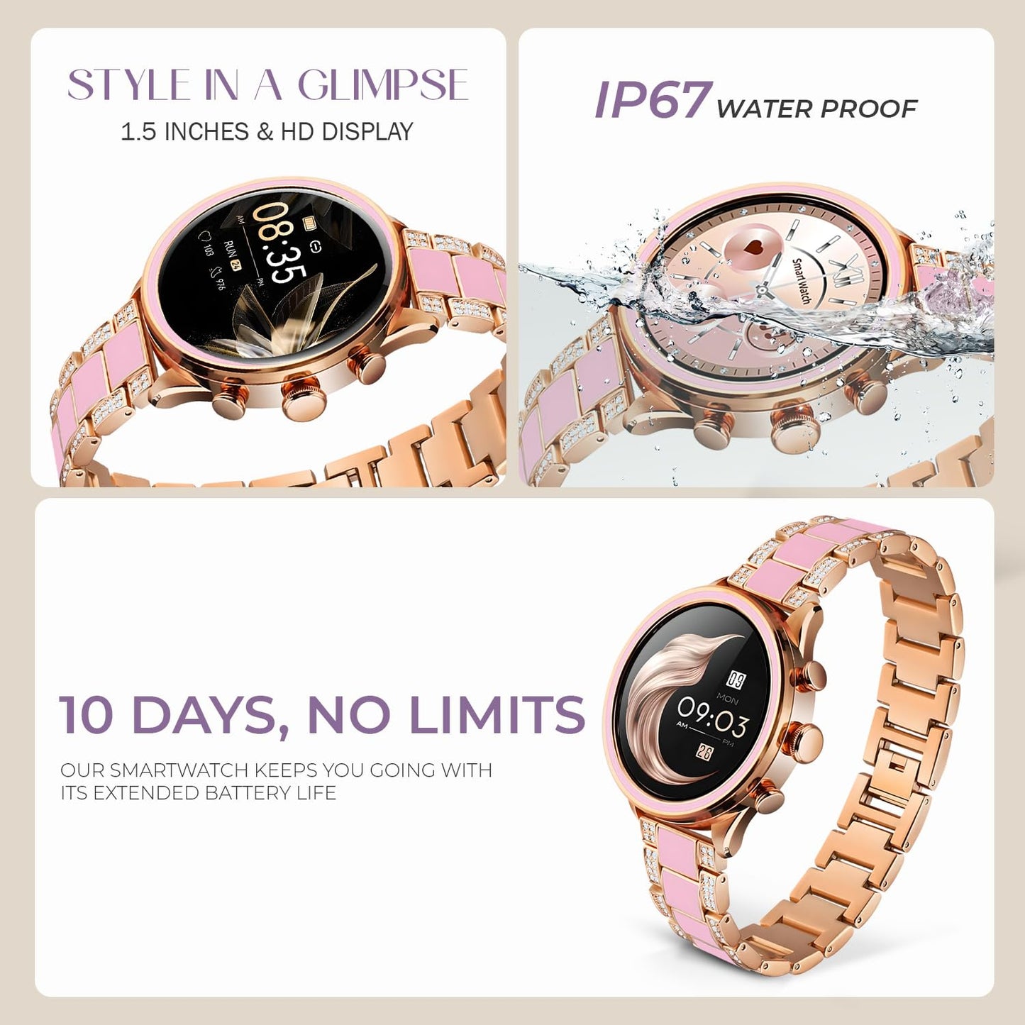 GameSir PF-11 Newly Launched Smartwatch with Metal Strap Health Monitoring, Activity Tracker, HD Display, Bluetooth Callling Watch, Luxury & Round Dial Smart Watch for Women & Girls-Rose Gold
