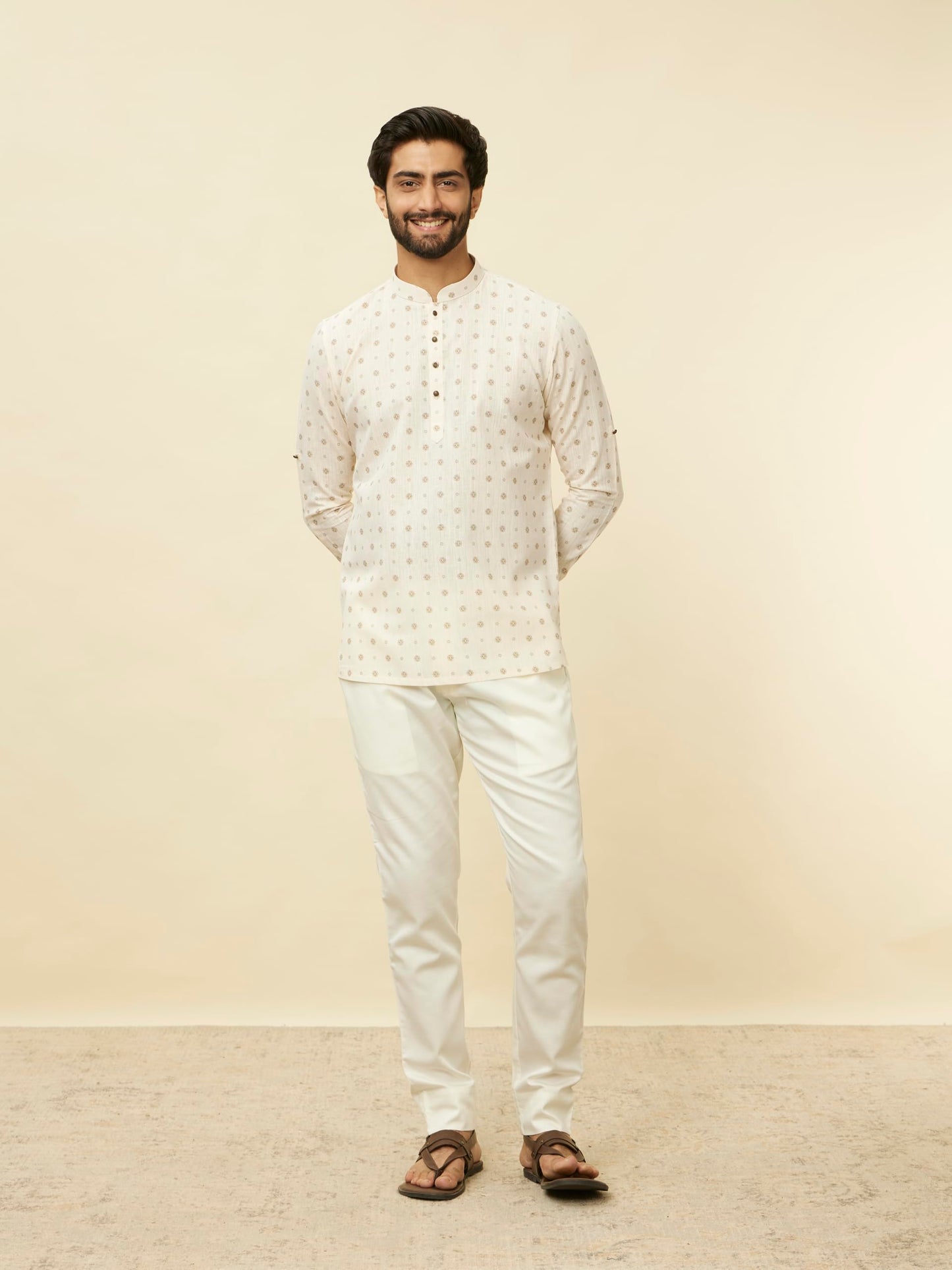 Manyavar Printed Casual Full Sleeves Short Kurta for Men - (Beige, Large)