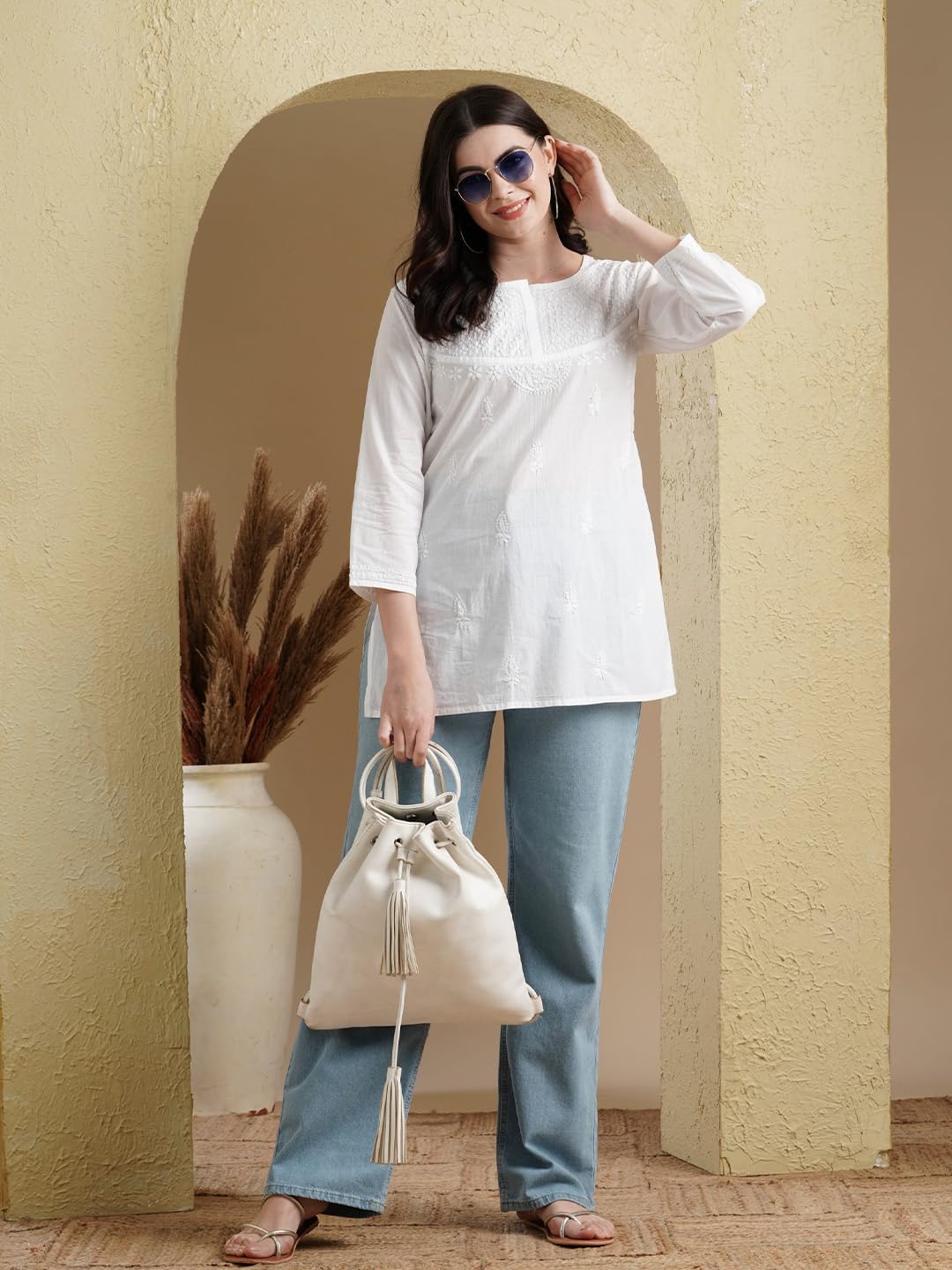 Ada Hand Embroidered Lucknow Chikankari Straight White Cotton Top Tunic Kurti for Women A296140 (6XL)