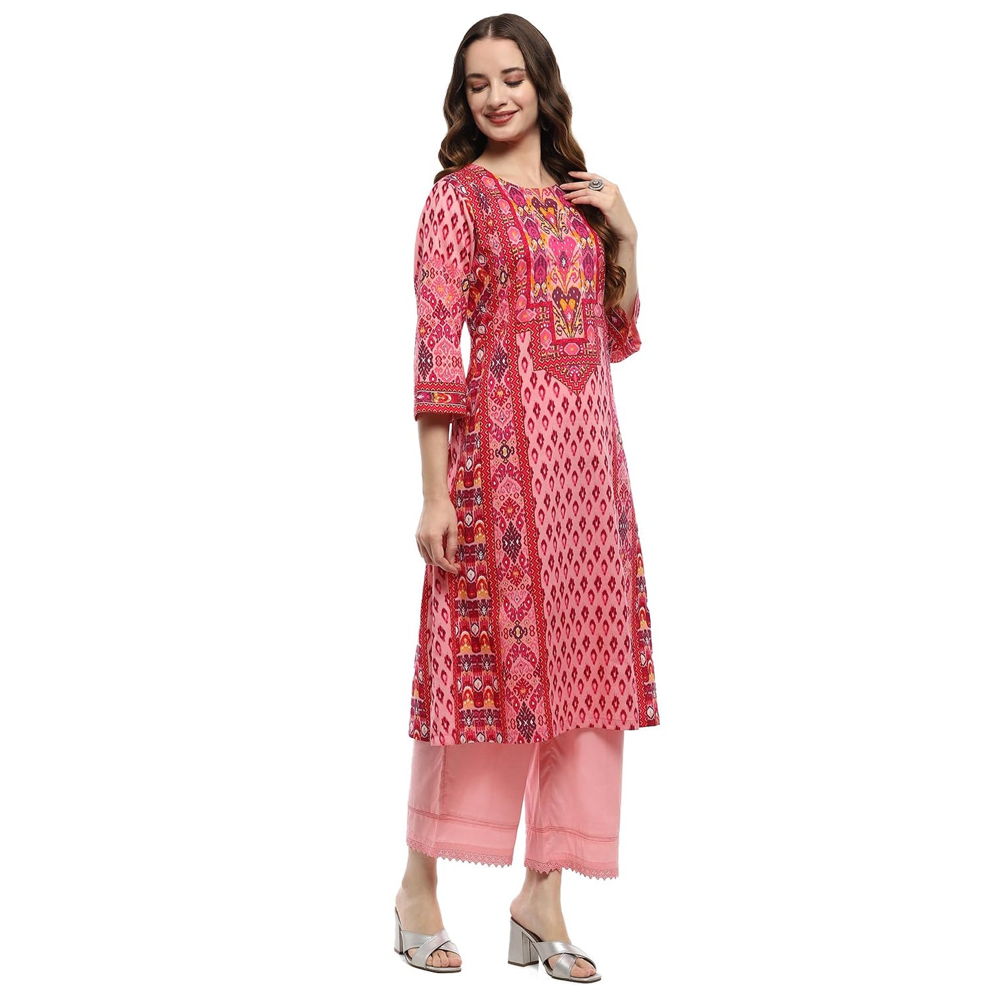 BIBA Women's Pink Cotton Straight Suit Set (SKDUZBEK9875AW24PNK