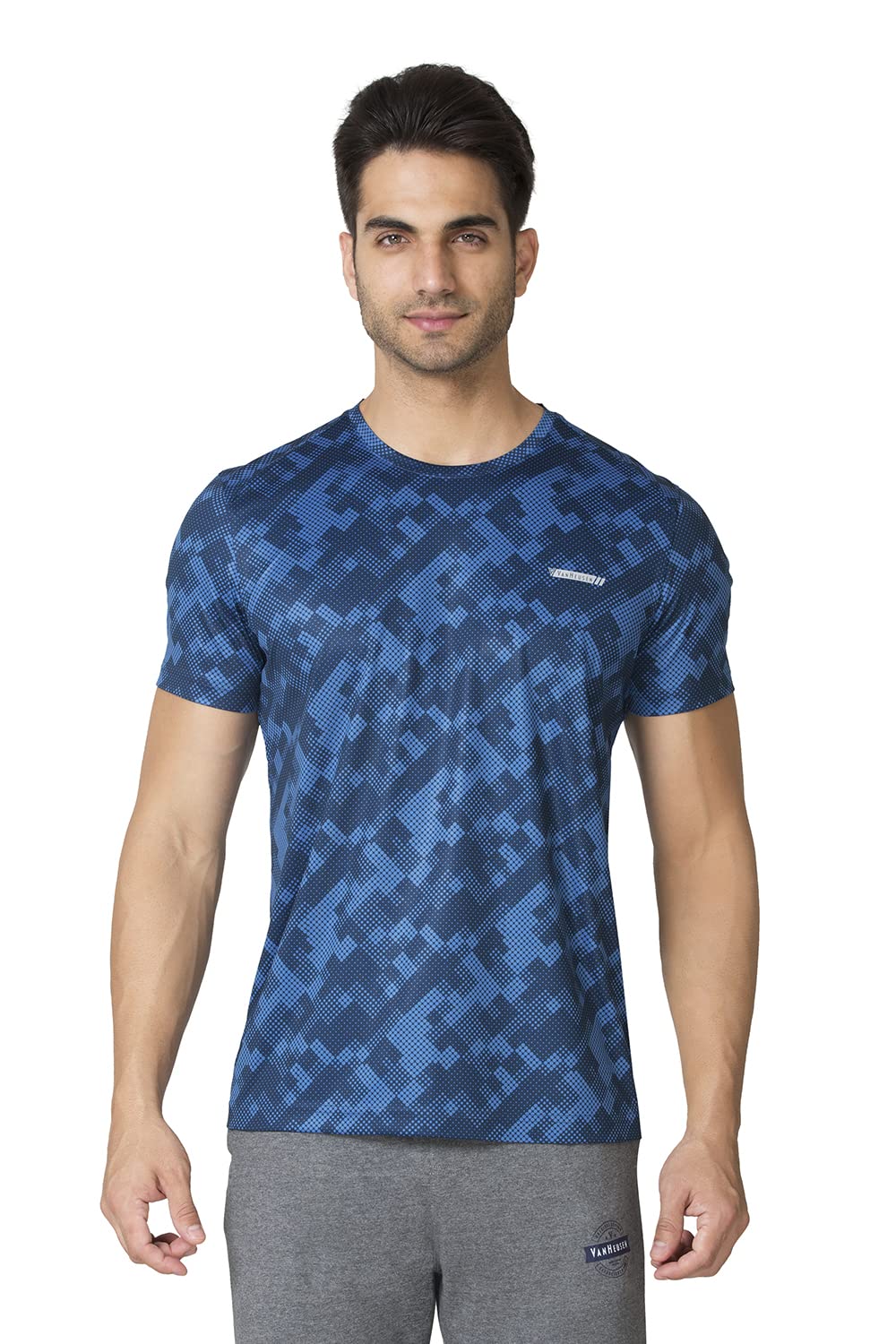 Van Heusen Performance Men T-Shirt - 100% Polyester Interlock - Swift Dry, Crew Neck, Short Sleeve, Allover Print_61008_Limoges Blue_L