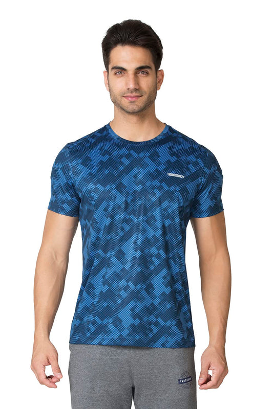 Van Heusen Performance Men T-Shirt - 100% Polyester Interlock - Swift Dry, Crew Neck, Short Sleeve, Allover Print_61008_Limoges Blue_L