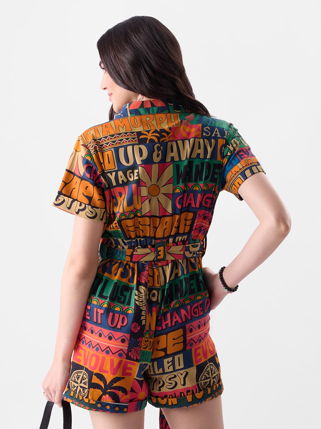 The Souled Store Traveller Women and Girls Short Sleeves Collared Neck Button Front Multicolor All Over Printed Cotton Mini Playsuits