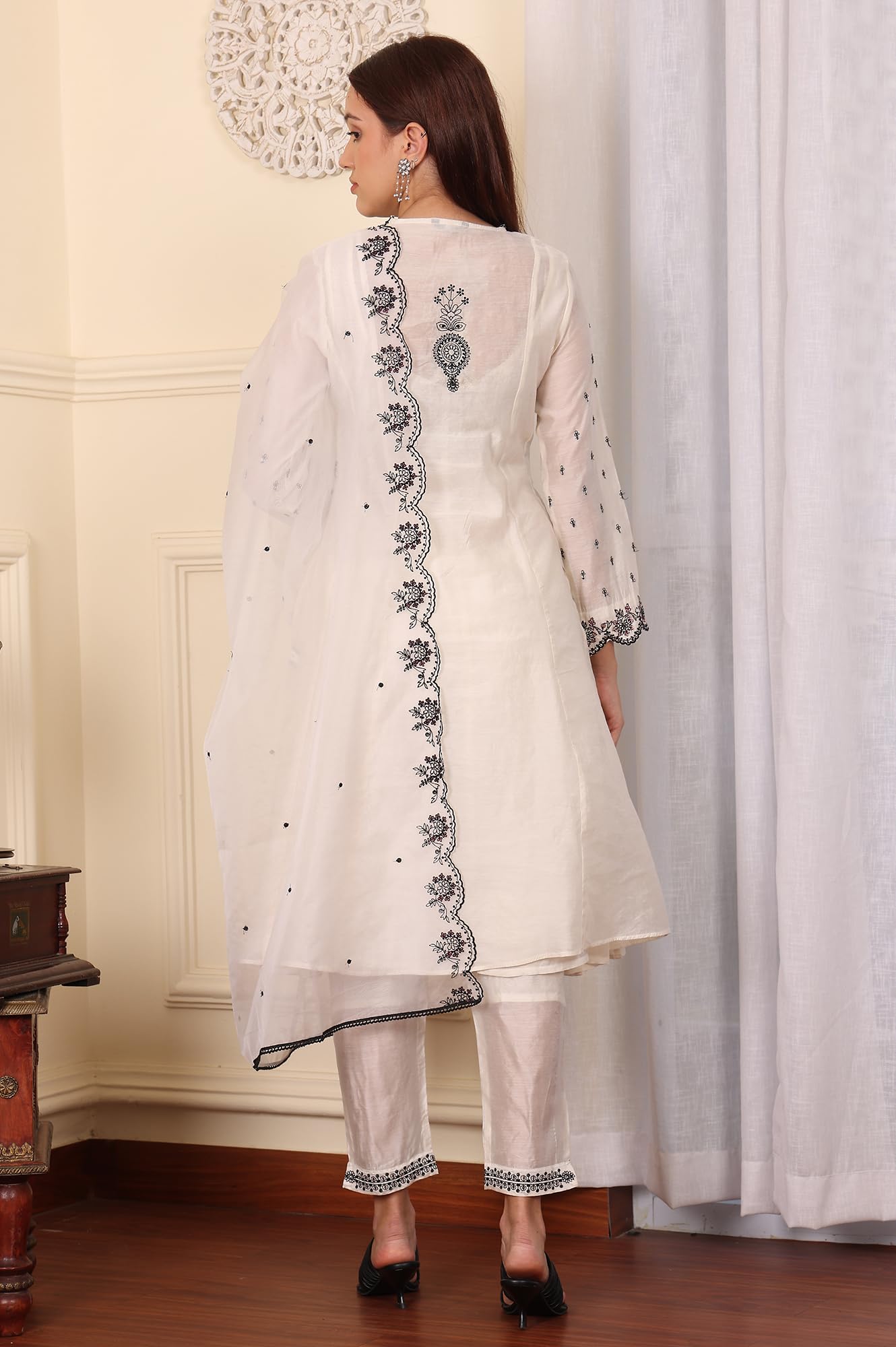 W for Woman Wishful White Chanderi Mock Panelled Embroidered Flared Kurta, Straight Pants and Dupatta Set (Size: XXL)-24FESP10672-221349