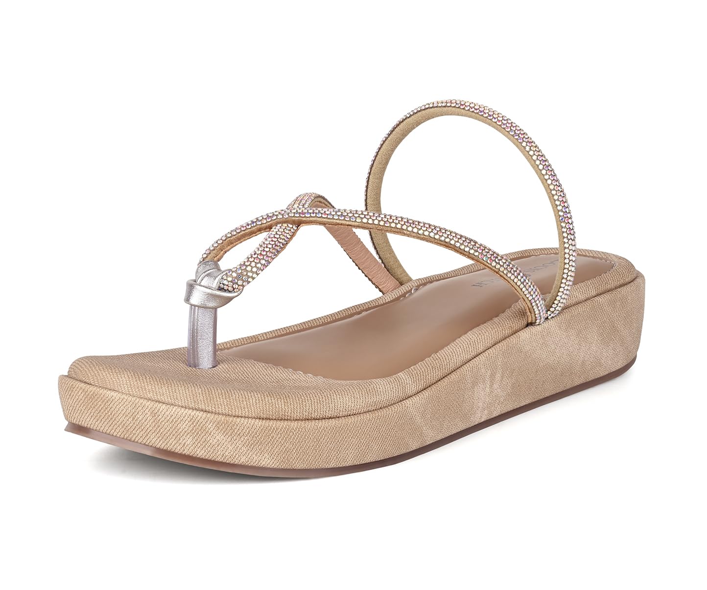 LOUIS STITCH Women’s Slip-On Platform Heel T-Strap Sandals | Open Toe Stylish Beige Wedge Heel Sandal for Ladies, Fashionable Sandal | LSOF-LDPS-GLCSBG