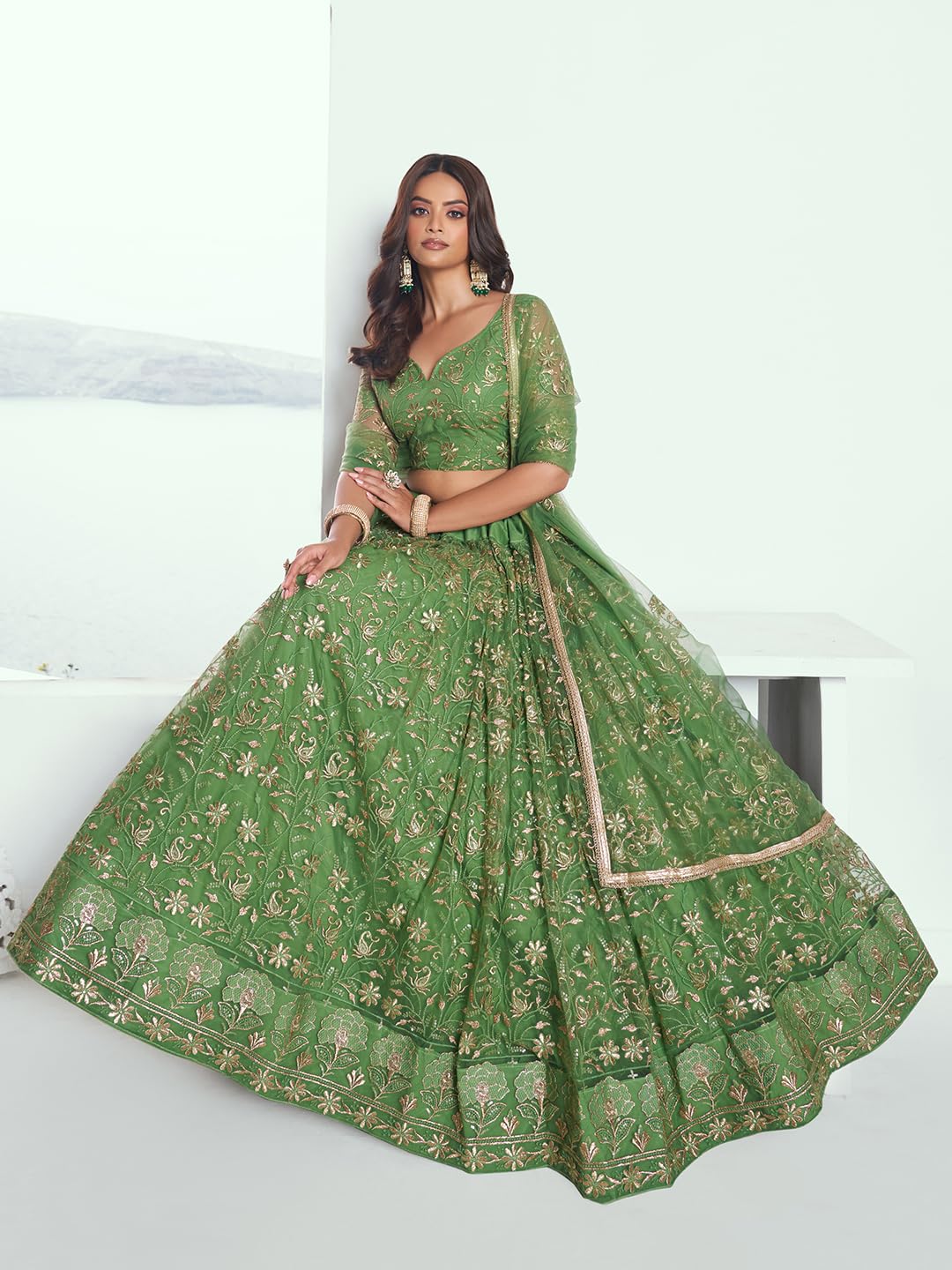 Zeel Clothing Women's Cotton Thread Sequins Work Embroidery Soft Net Readymade Lehenga Choli With Dupatta (Nfh-2205-Pista-Green-Women-Lehenga Choli Set Latest; Free Size)