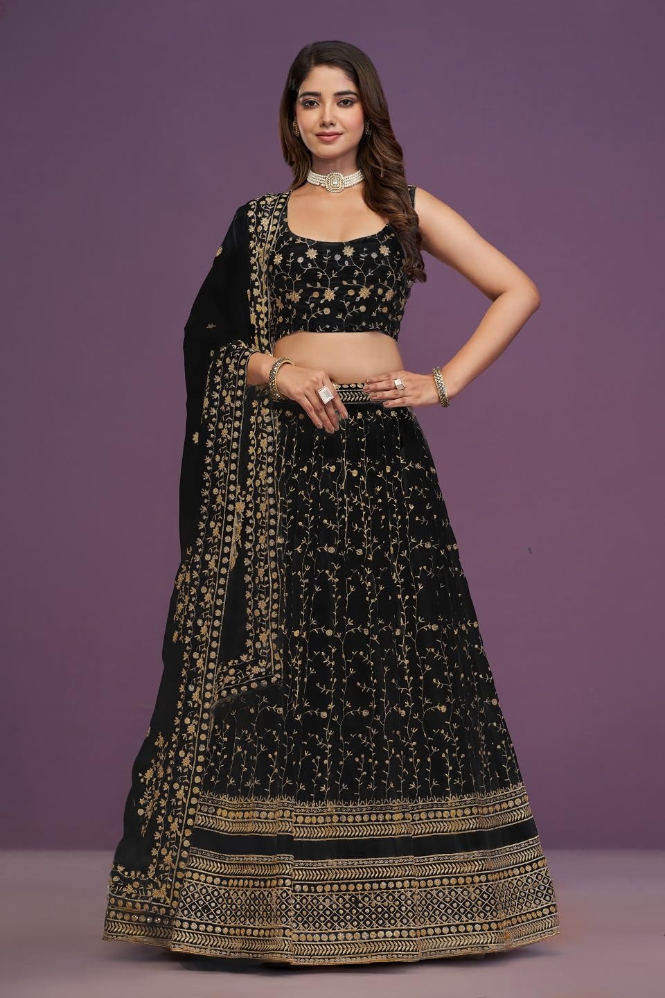 JIHU CULTURE Women's Georgette Zari Embroidery Work Semi-Stitched Lehenga Choli with Elegant Flare