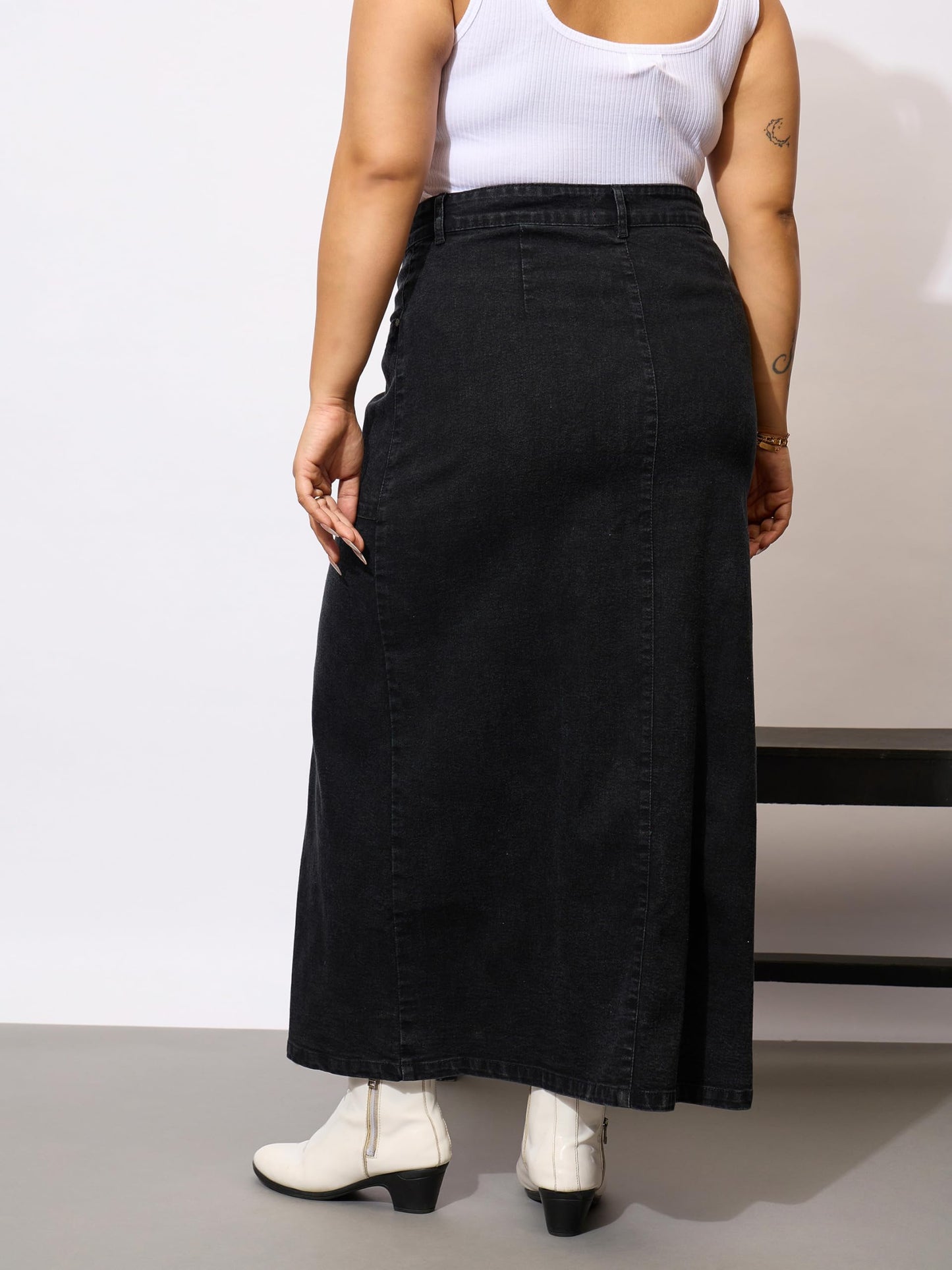 Black Denim Acid Wash Front Button Skirt