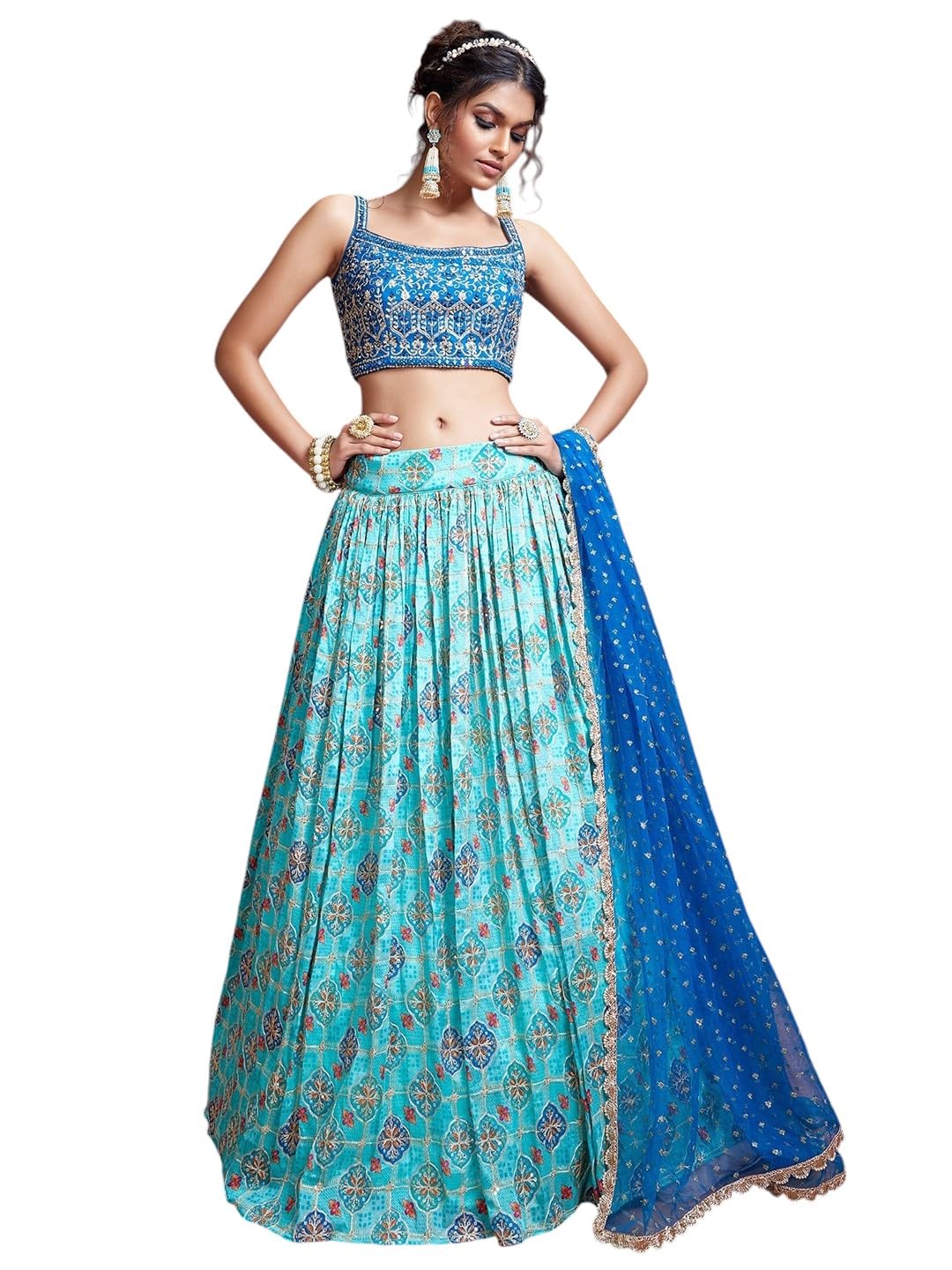 Zeel Clothing Women's Silk Embroidered Semi-Stitched Lehenga Choli with Dupatta (109-SKyBlue-Wedding-Bridal-Latest-Lehenga; Free Size)