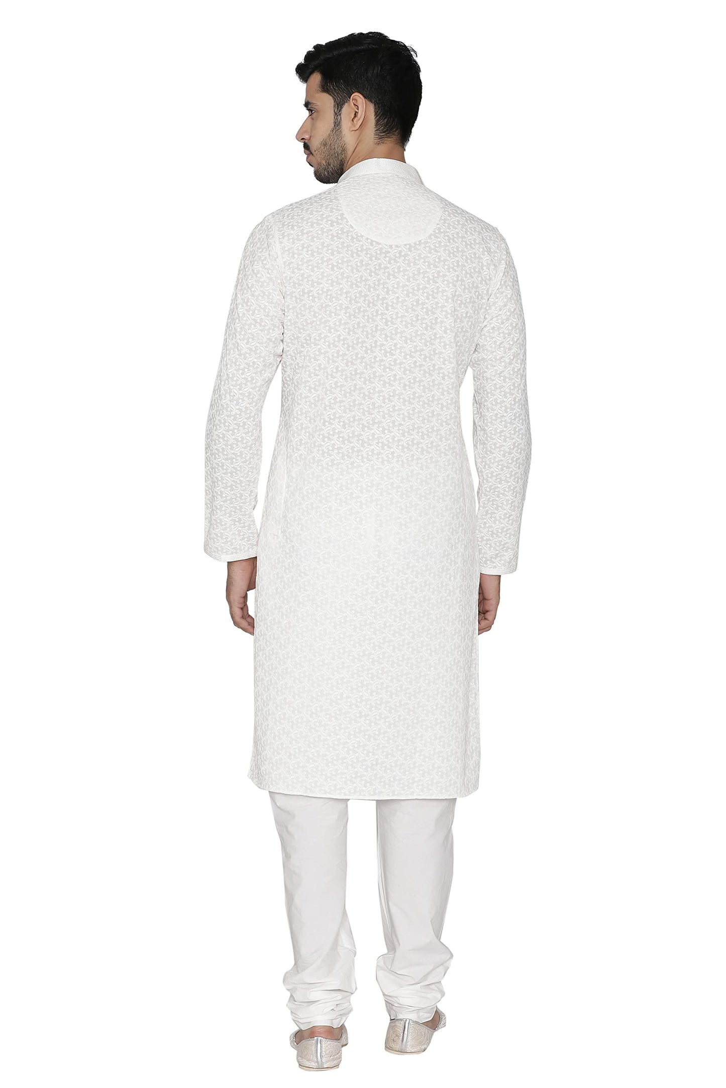 Manyavar Embroidered Knee Long Full Sleeves Kurta and Churidar Set For Men - (Cream, X-Large)