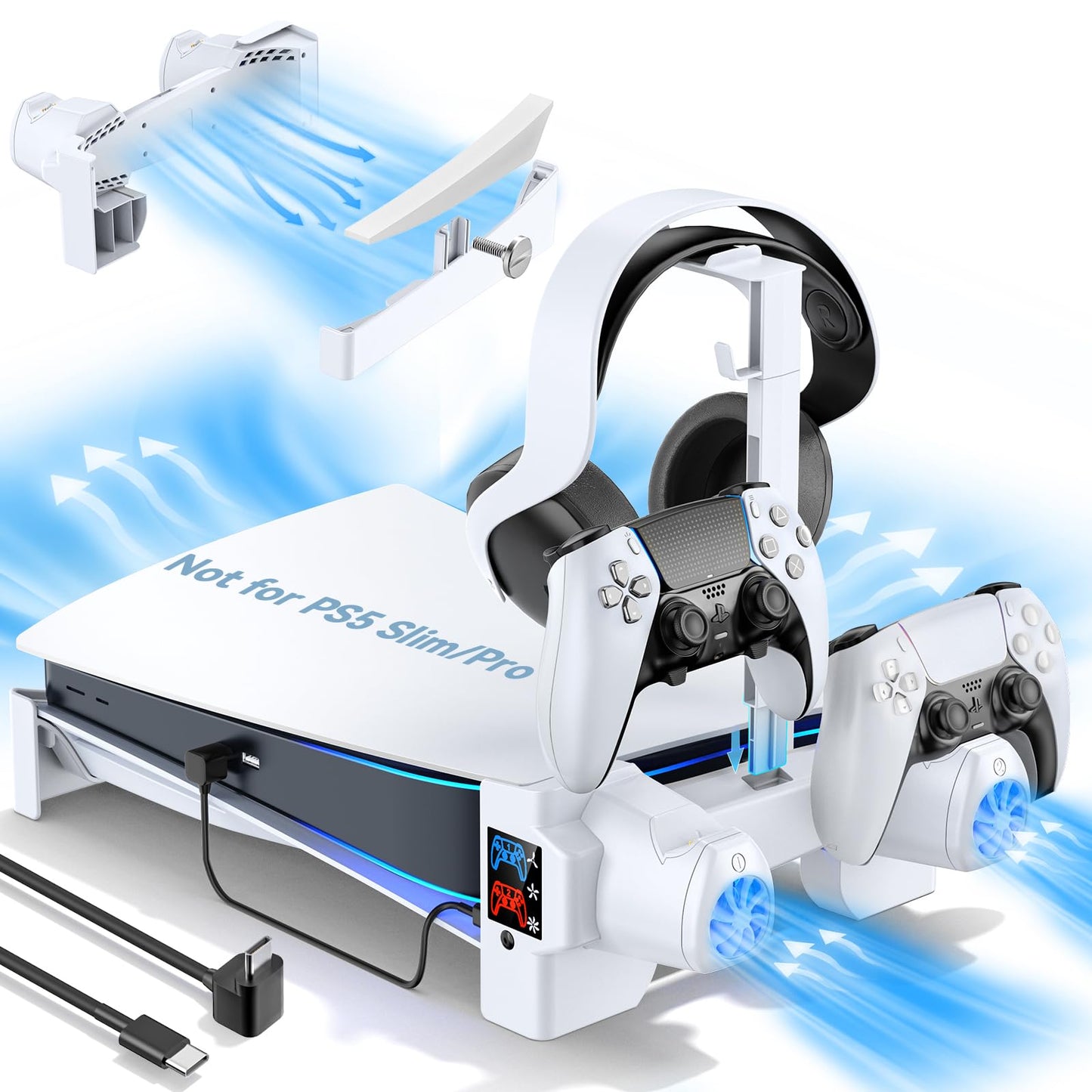 Tokluck Ps5 Horizontal Stand With 3-Level Cooling Fans For Ps 5 Console, Ps5 Accessories Cooling Stand With Ps5 Controller Charger, Ps5 Cooling Station With Headset Holder & Screw, Usb-C Cable