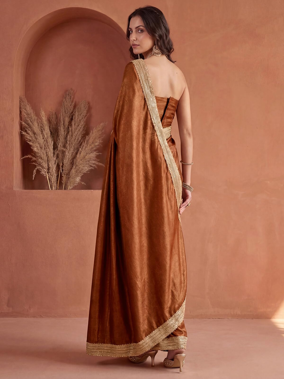 SIRIL Women's Chinnon Silk Gota Lace Saree with Unstitched Blouse Piece (5016S194A_Copper)