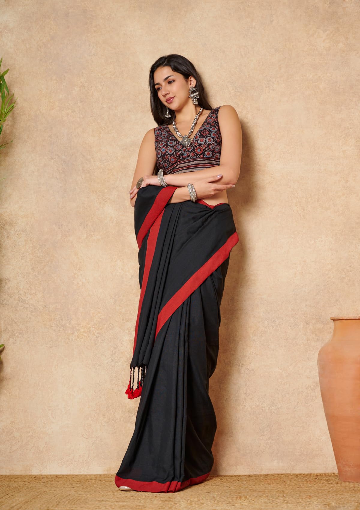 S SALWAR STUDIO Black Ajrakh Hand Block Printed Pure Cotton V Neck Readymade Blouse