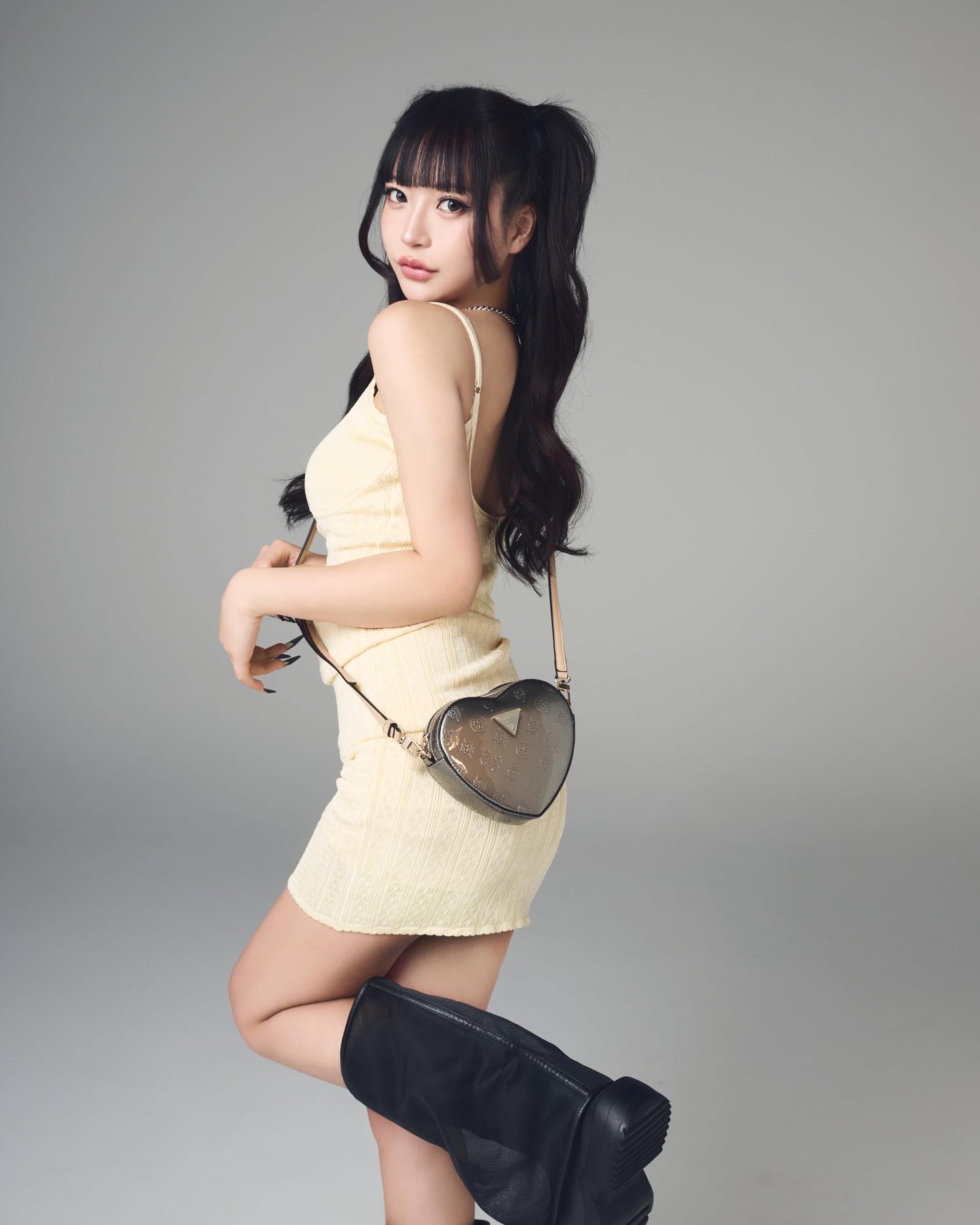 GUESS Pewter Logo Textured Arnela Mini Heart Shape Crossbody Bag