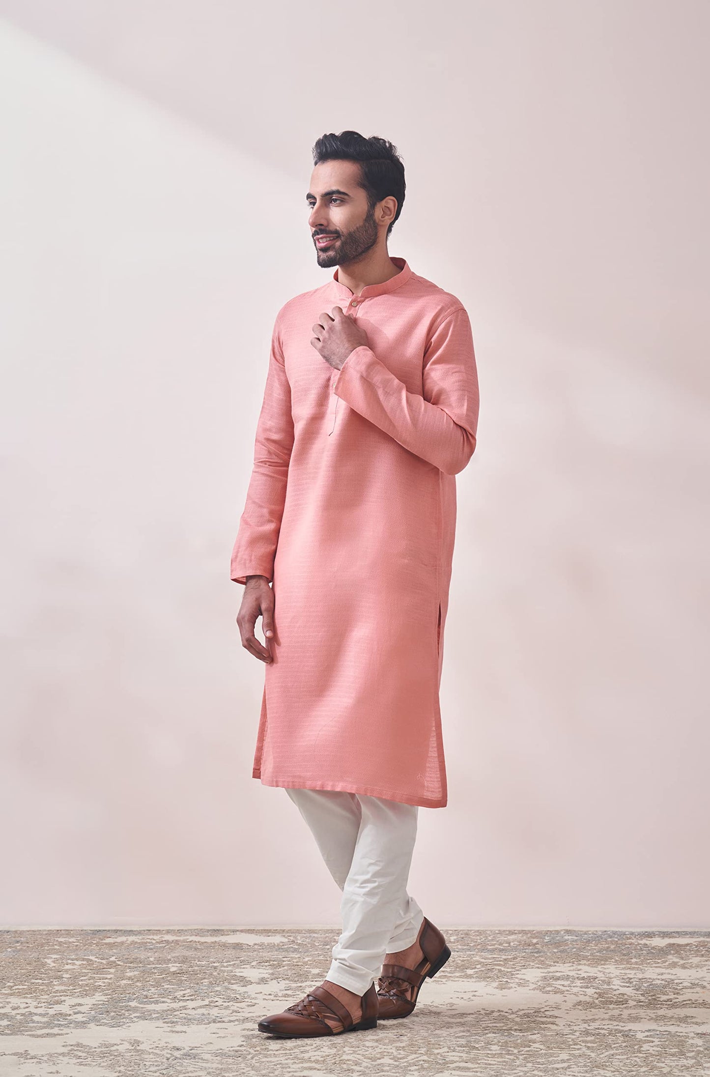 Manyavar Pink Cotton Full Sleeve Kurta Set | Traditional Kurta Set For Men (XL)