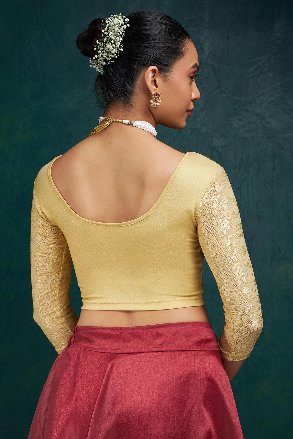 Soch Gold Spandex Prince Cut Blouse with Floral Sleeves