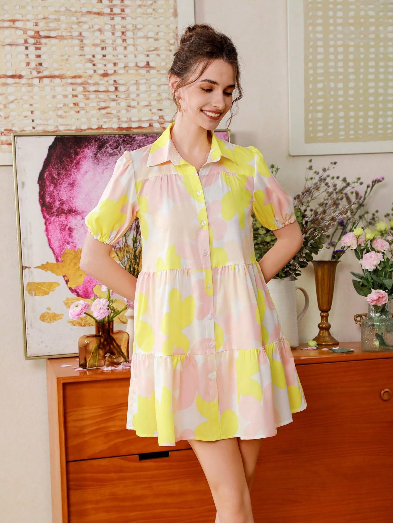 Shasmi Women's Yellow Flower Print Short Sleeve Button Front All-Over Printed Dresses, Ruffle Hem Smock Dress for Woman (161 Dress Yellow-S)