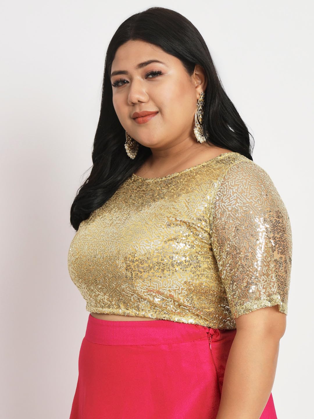 studio rasa Women's Plus Size Net Sequin Embroidered Sheer Sleeves Fitted Crop Top or Blouse For Wedding Festive Party (Tpwpc22316-5Xl_Bl_Gold_5Xl)