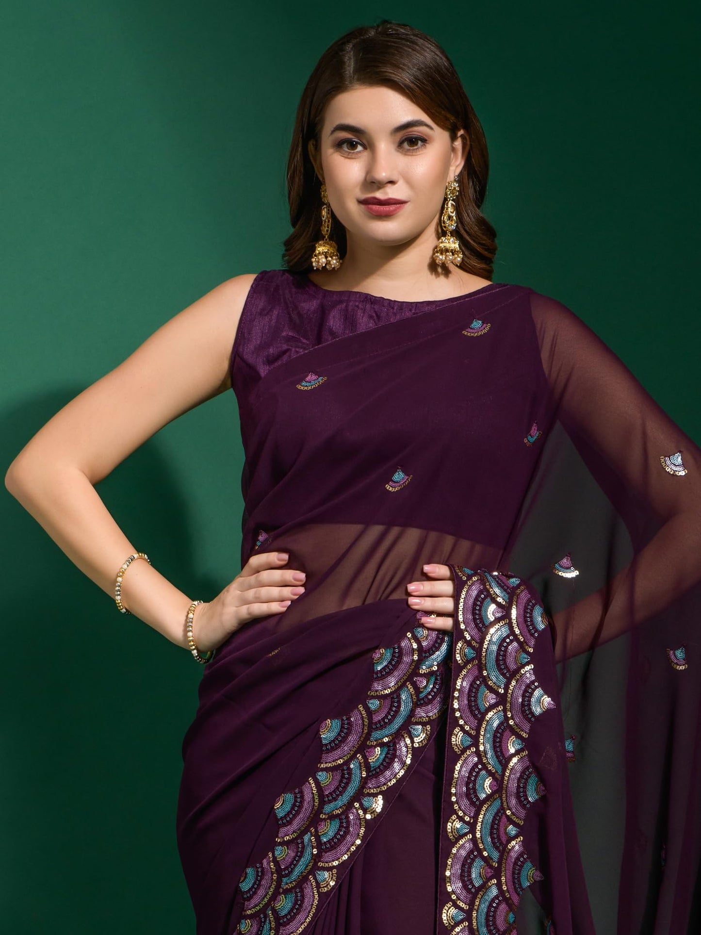 AKHILAM Women's Georgette Purple Embellished Designer Saree With Blouse Piece (CHNDANI20_VP)