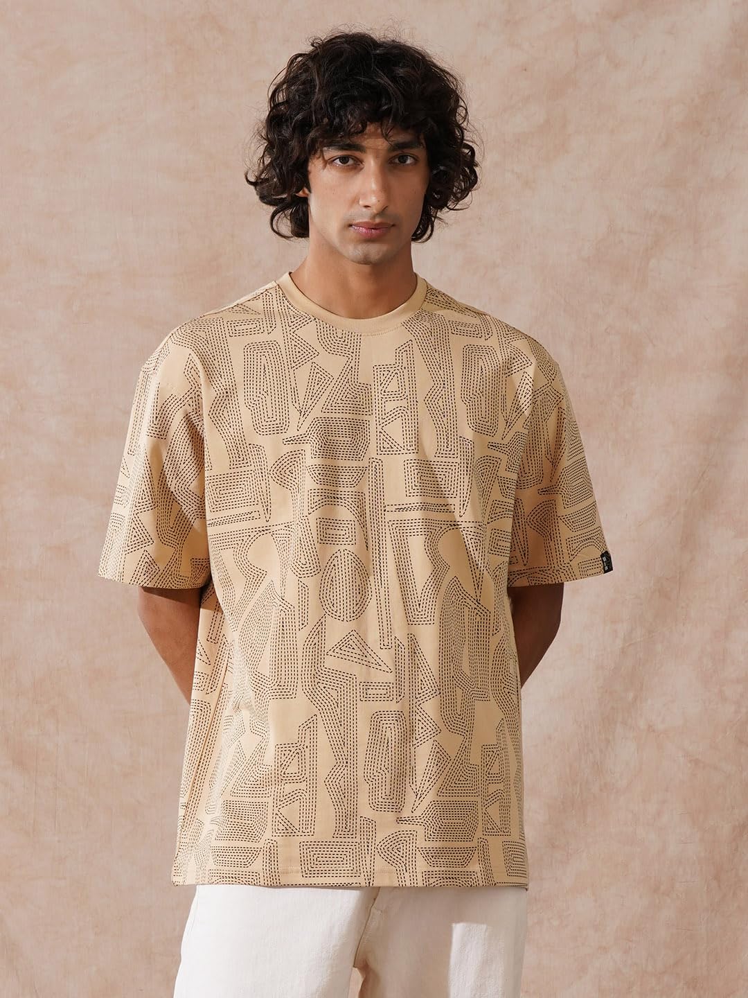 WROGN Men's 100% Cotton T-Shirt | Tonal All Over Print | Oversized Fit | Beige | M