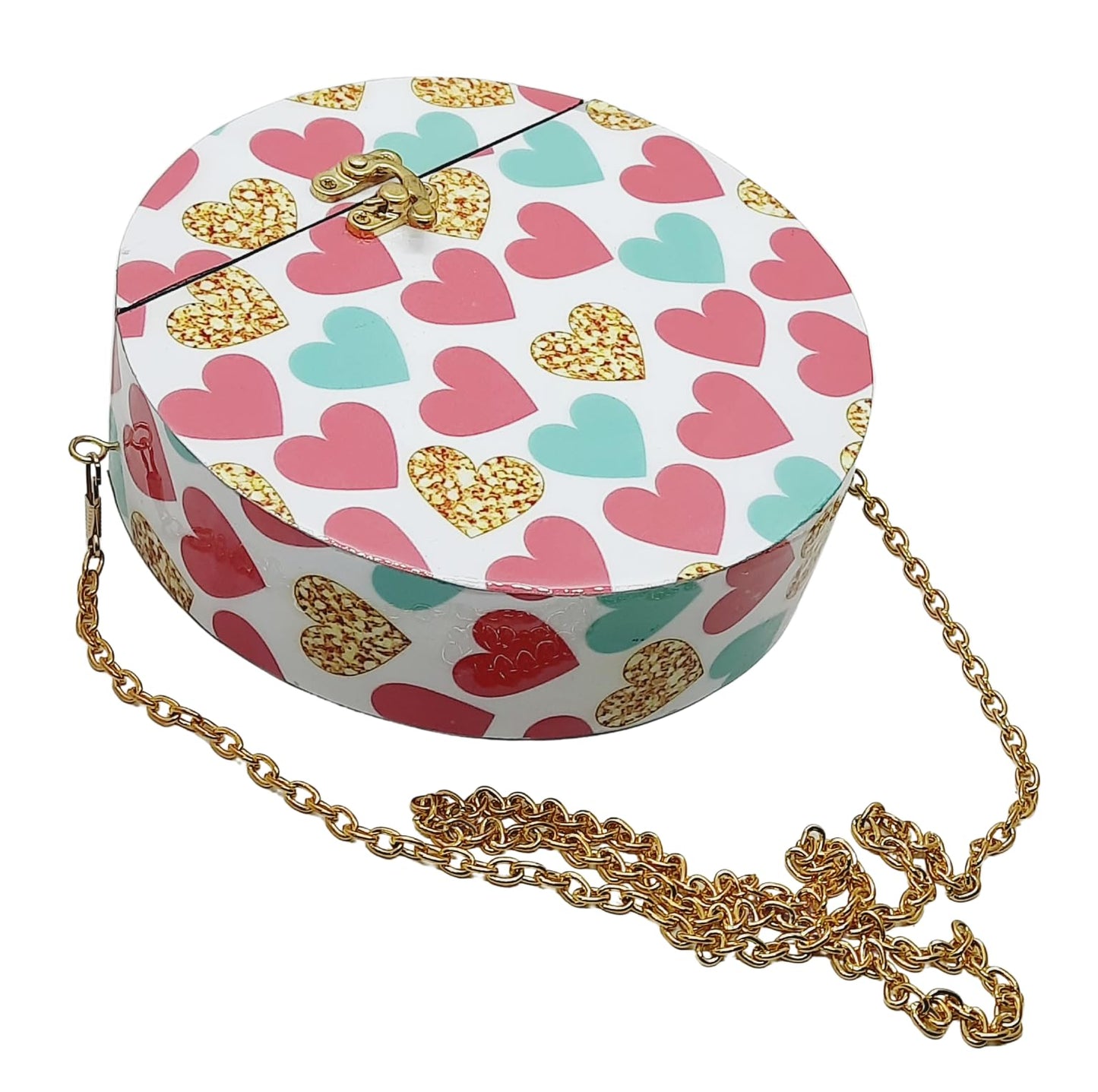 Trend Overseas Women's Handmade Wooden Printed Round Ethnic Clutch Bag/Bridal Purse/Handbag_Crossbody Sling Bags for Party (7.5 Inch) (Pink Heart)