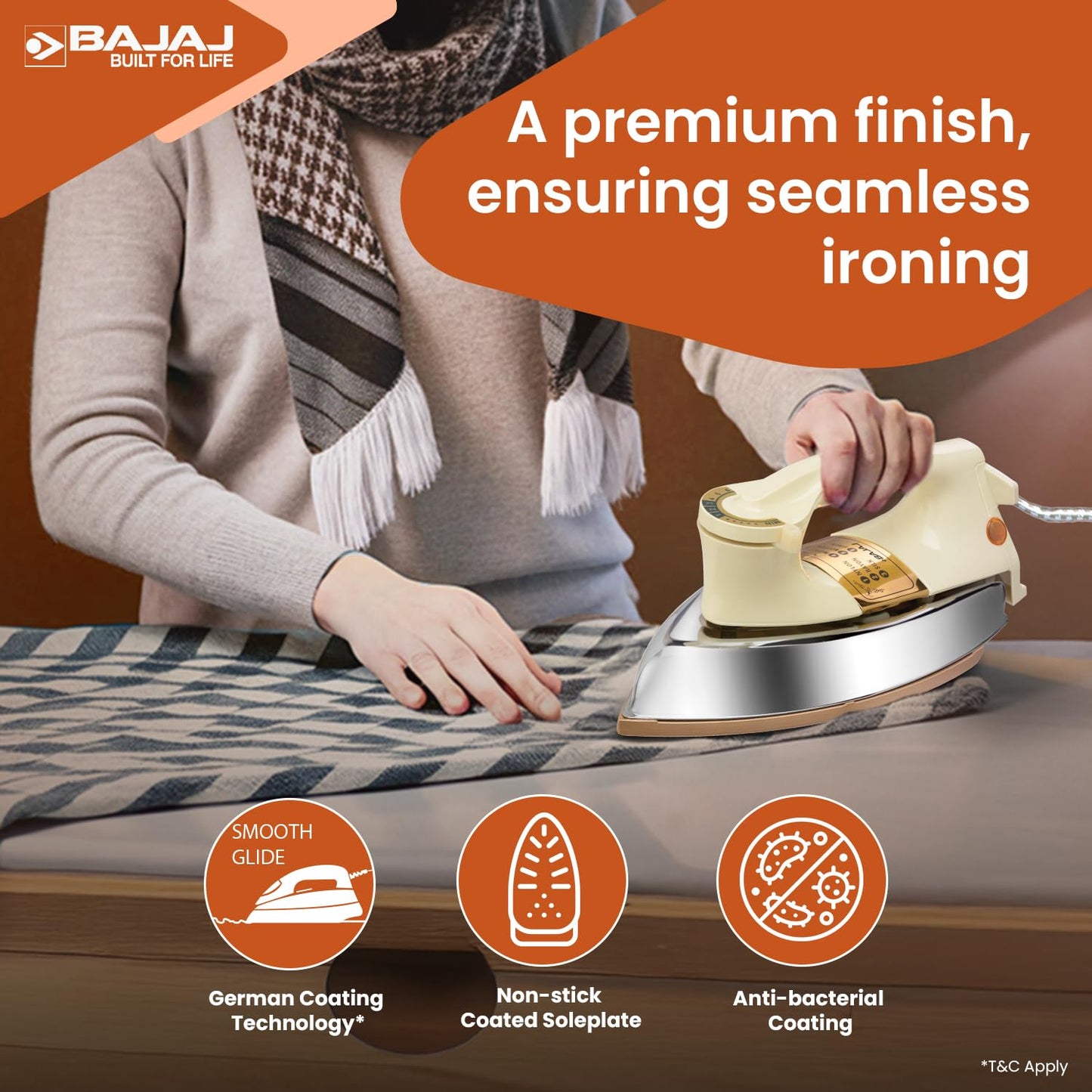 Bajaj DHX-9 1000W Heavy Weight Dry Iron | Advance Soleplate And Anti-Bacterial German Coating Technology | Multiple Temperature Levels | 2 Yr Warranty 【Ivory】