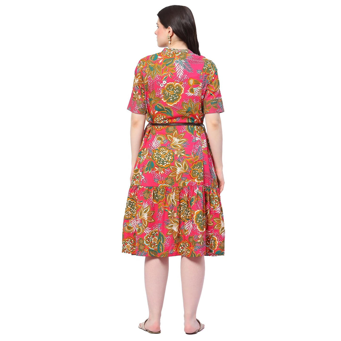 BIBA Women Printed Straight Calf Length Mix & Match (Casual D2162_Fuchsia_42, Dress)