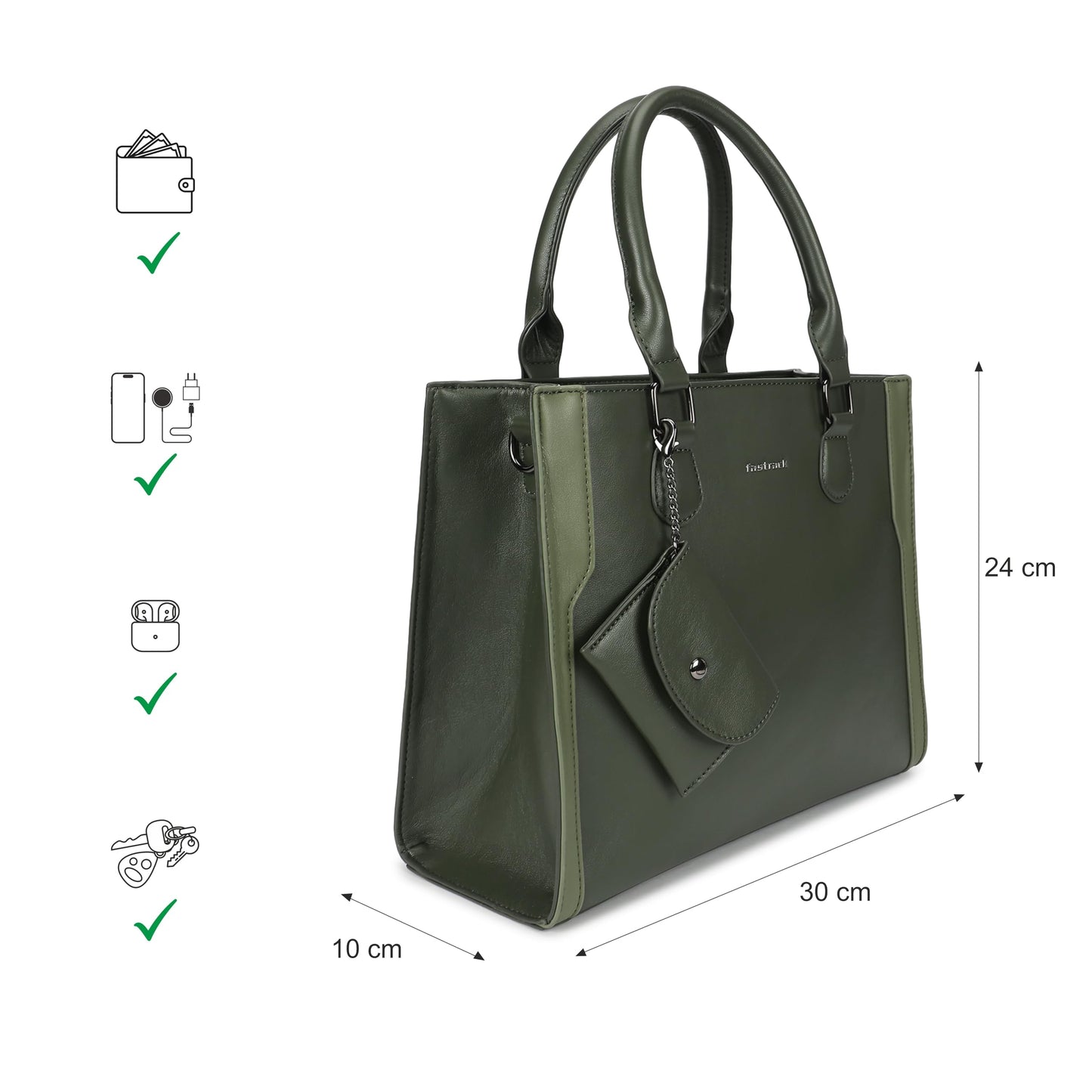 Fastrack Sage Edge Satchel | Faux-Leather Women's Handbag | Dual Carry with Detachable Strap | Structured Tote with Envelope Charm